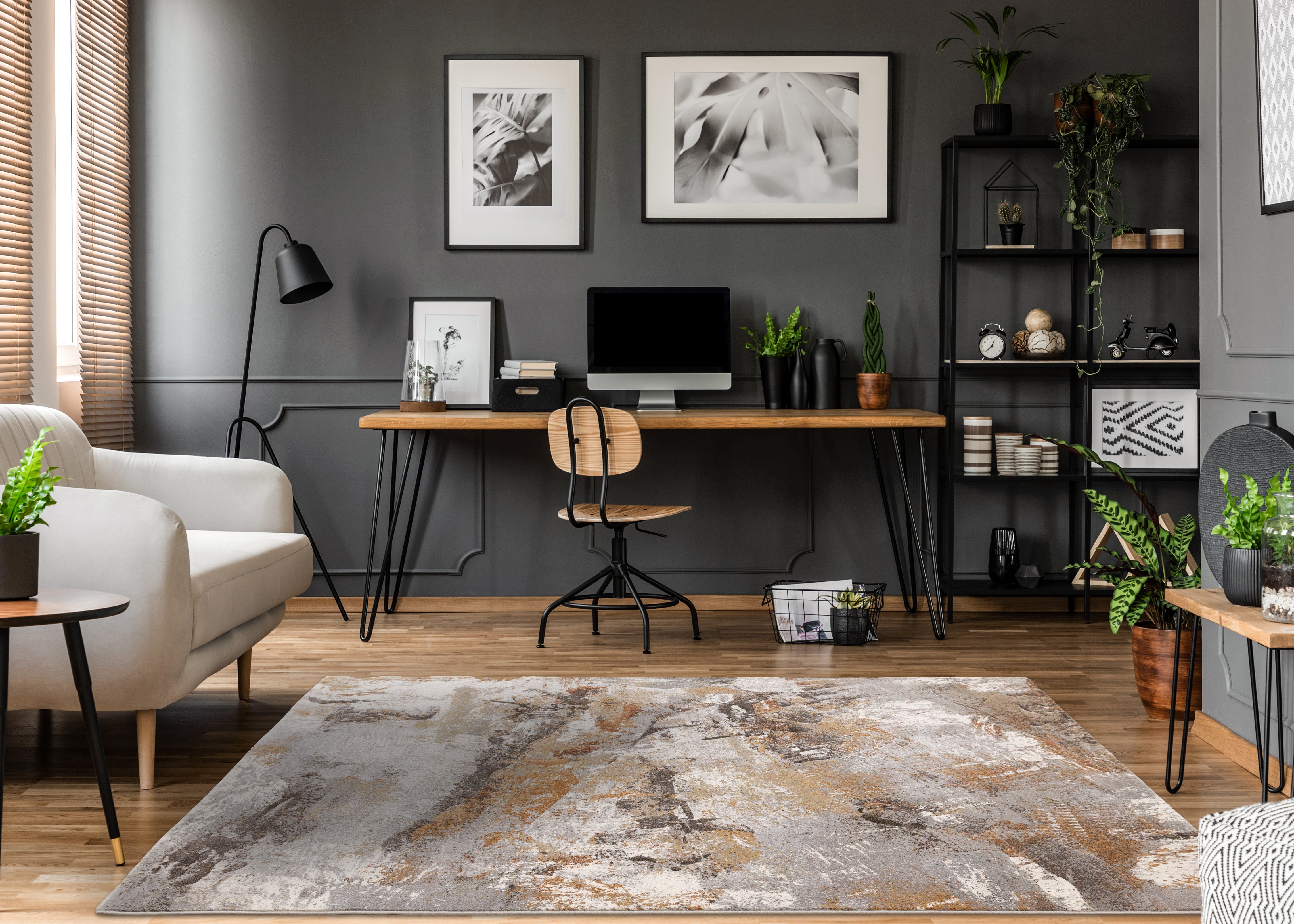 Aurora Grey Orange White Distressed Abstract Rug