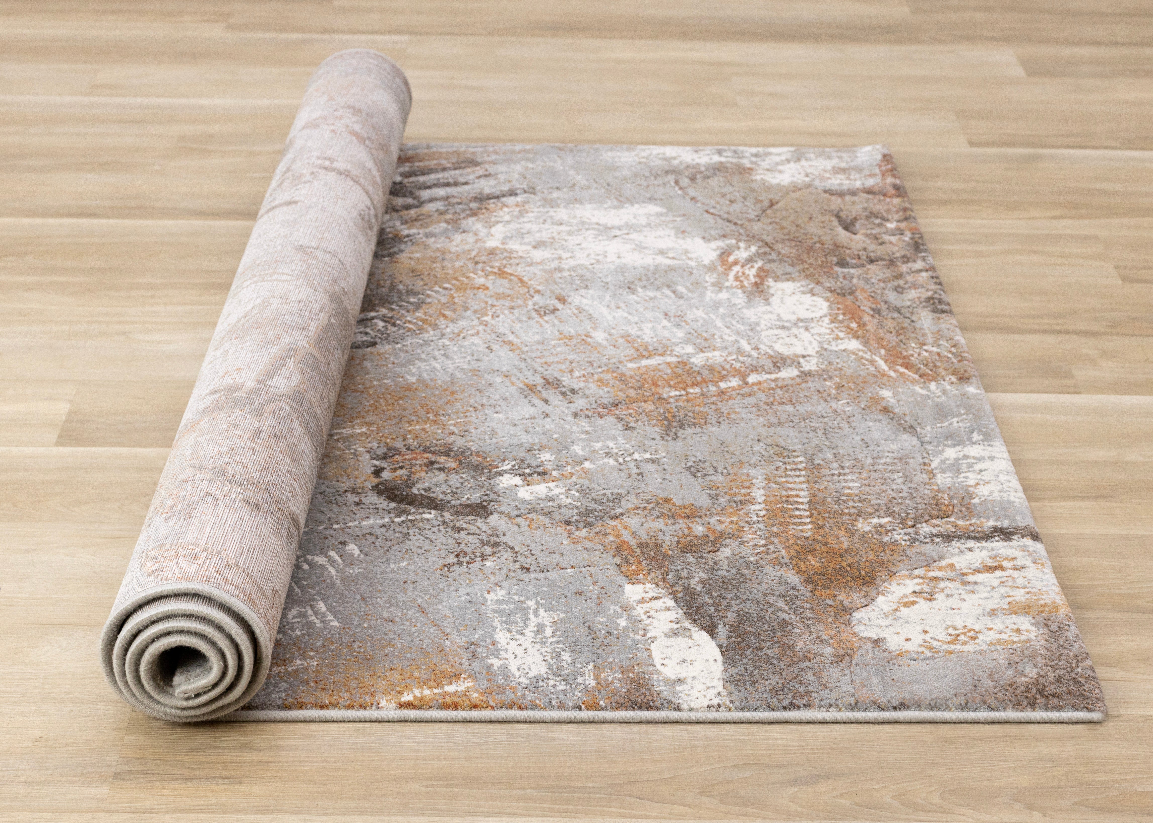 Aurora Grey Orange White Distressed Abstract Rug
