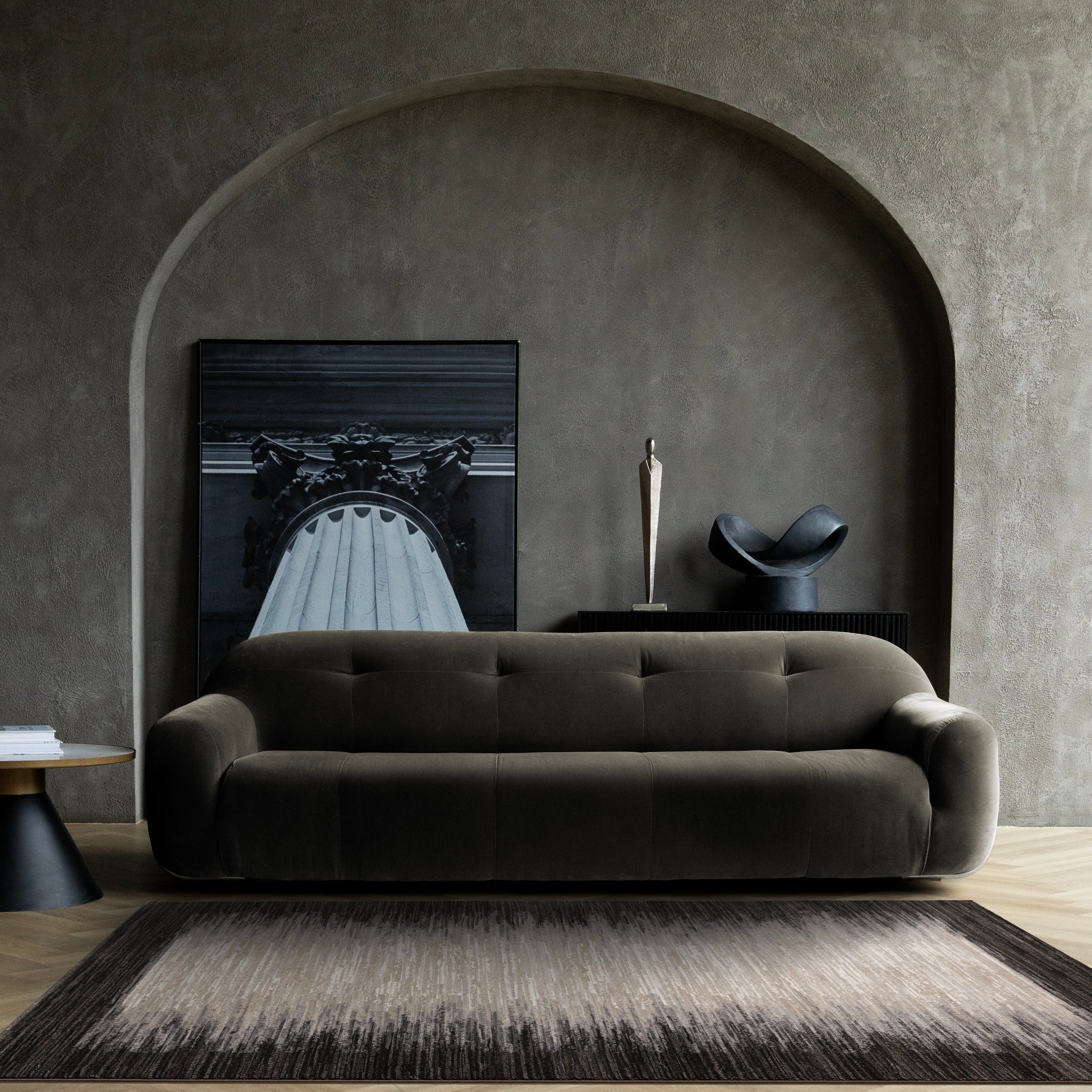 Aurora Black Beige Distressed Sound Wave Border Rug