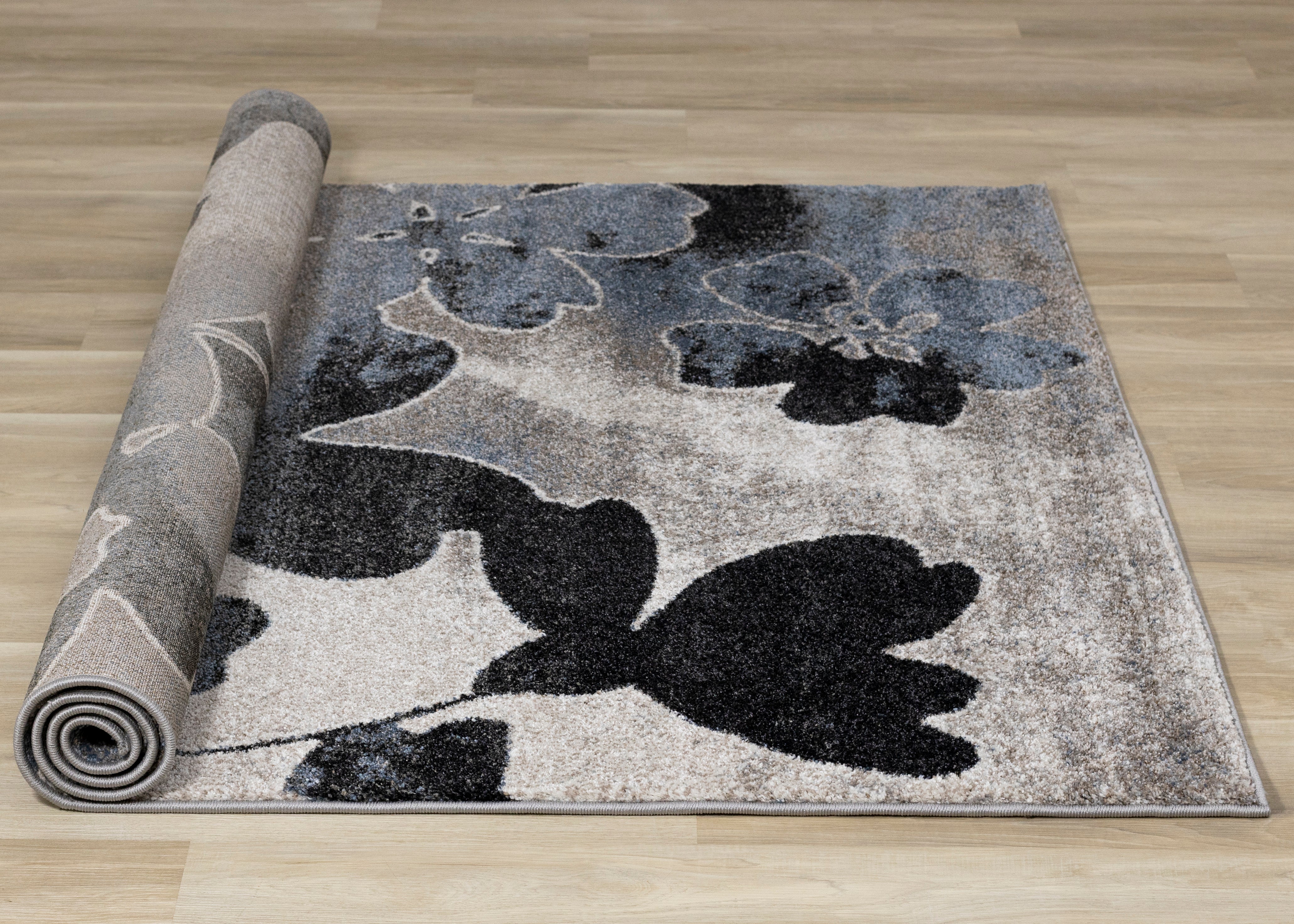 Breeze Blue Cream Black Poppies Rug