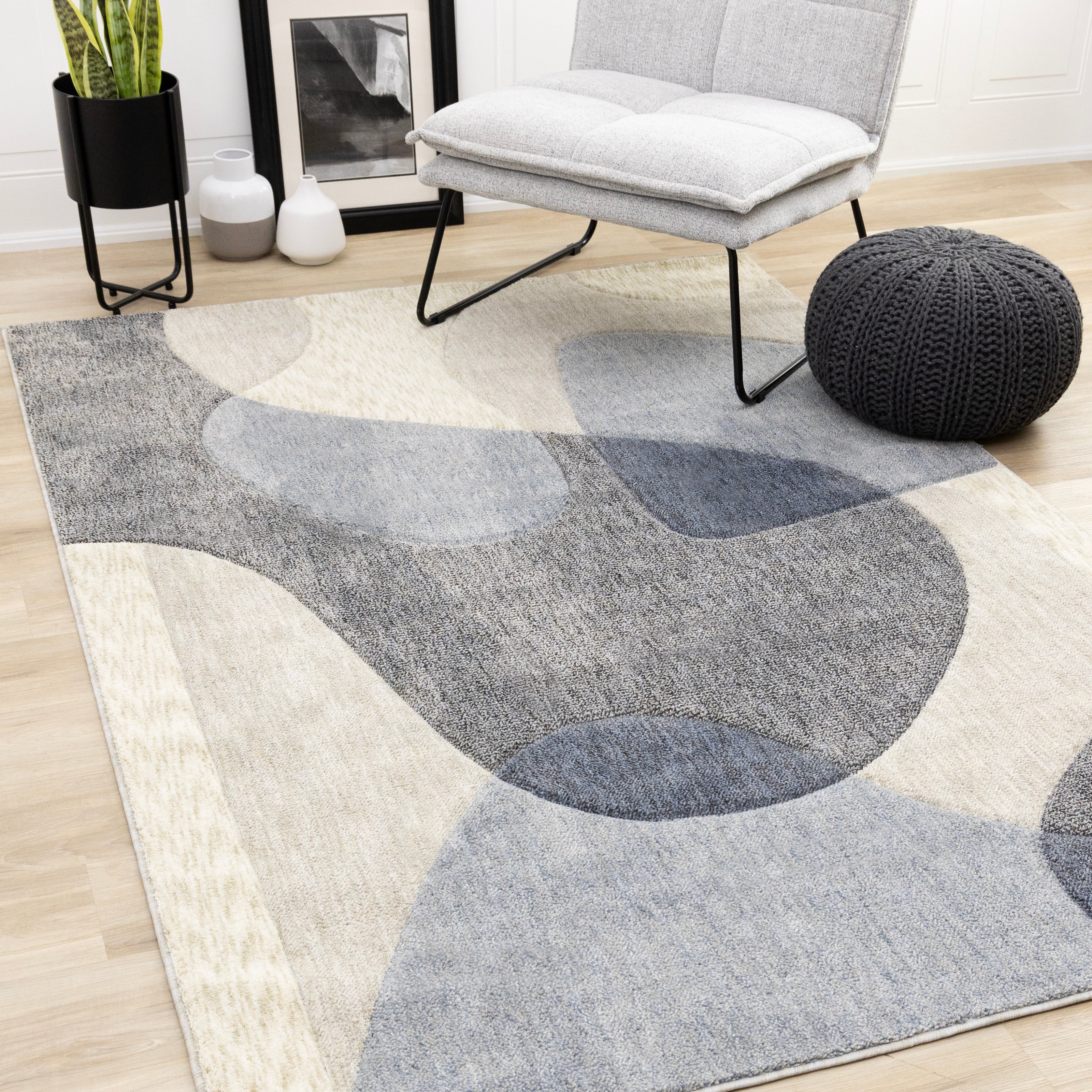Cora Blue Cream Grey Distressed Curvy Shapes Design Rug