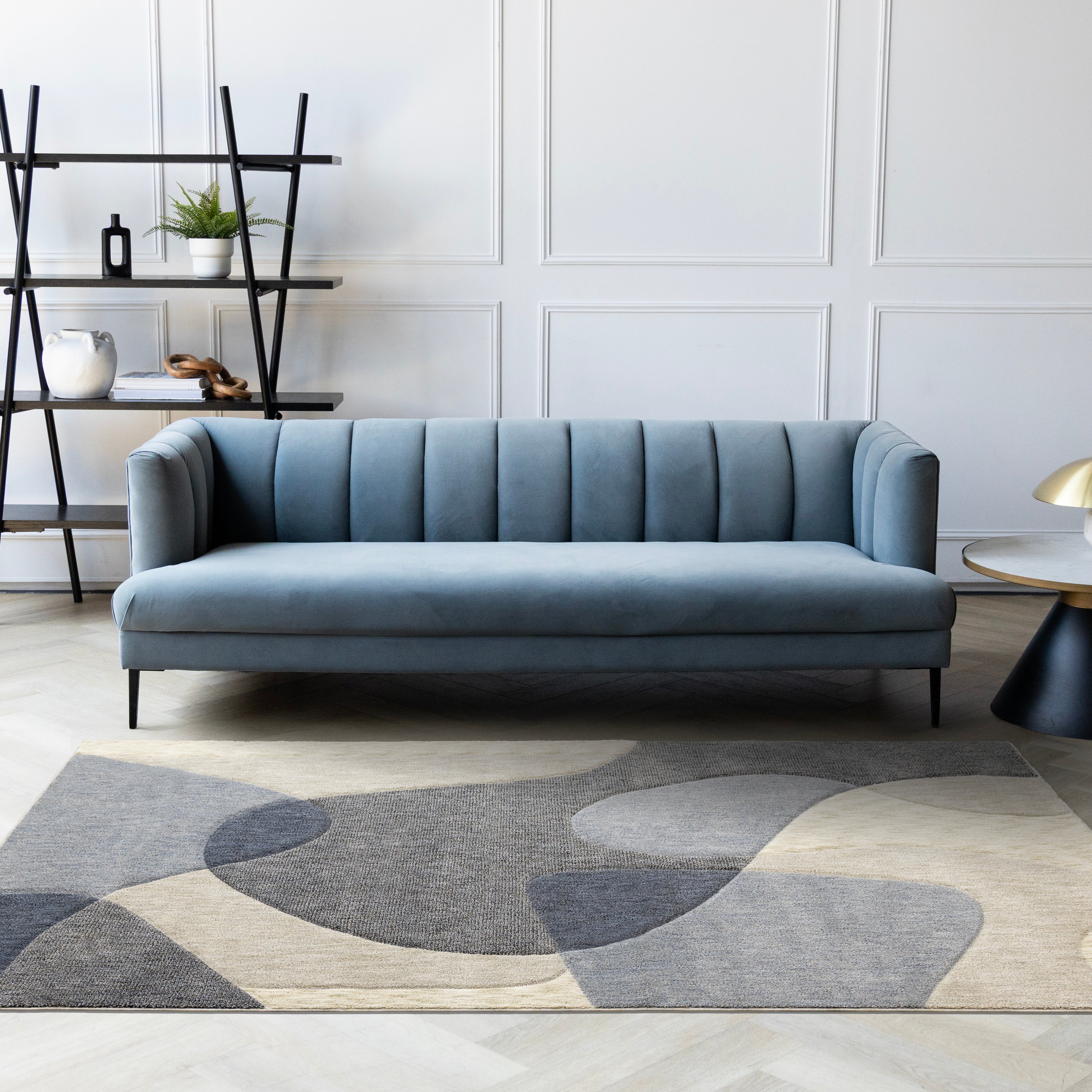 Cora Blue Cream Grey Distressed Curvy Shapes Design Rug