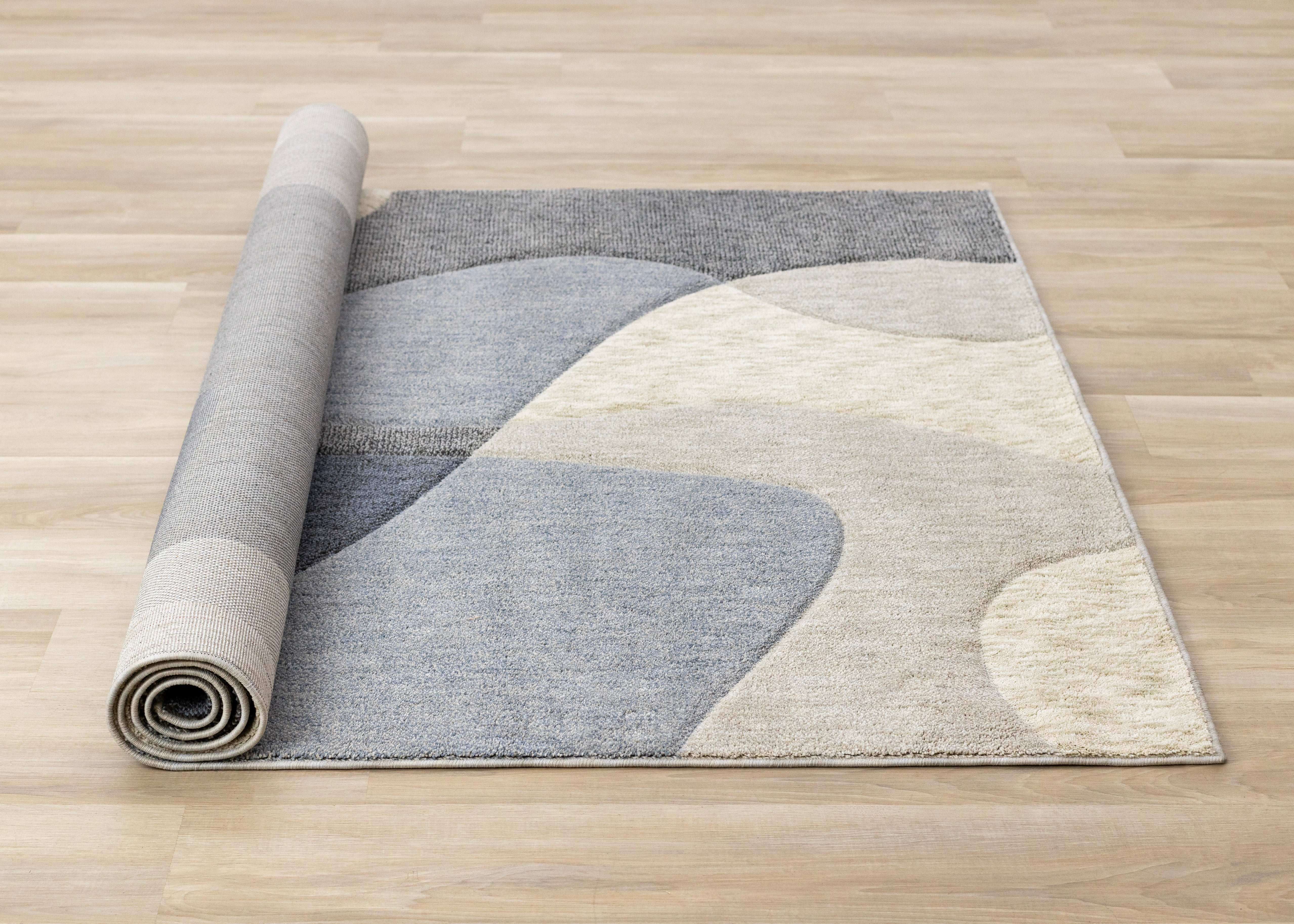 Cora Blue Cream Grey Distressed Curvy Shapes Design Rug
