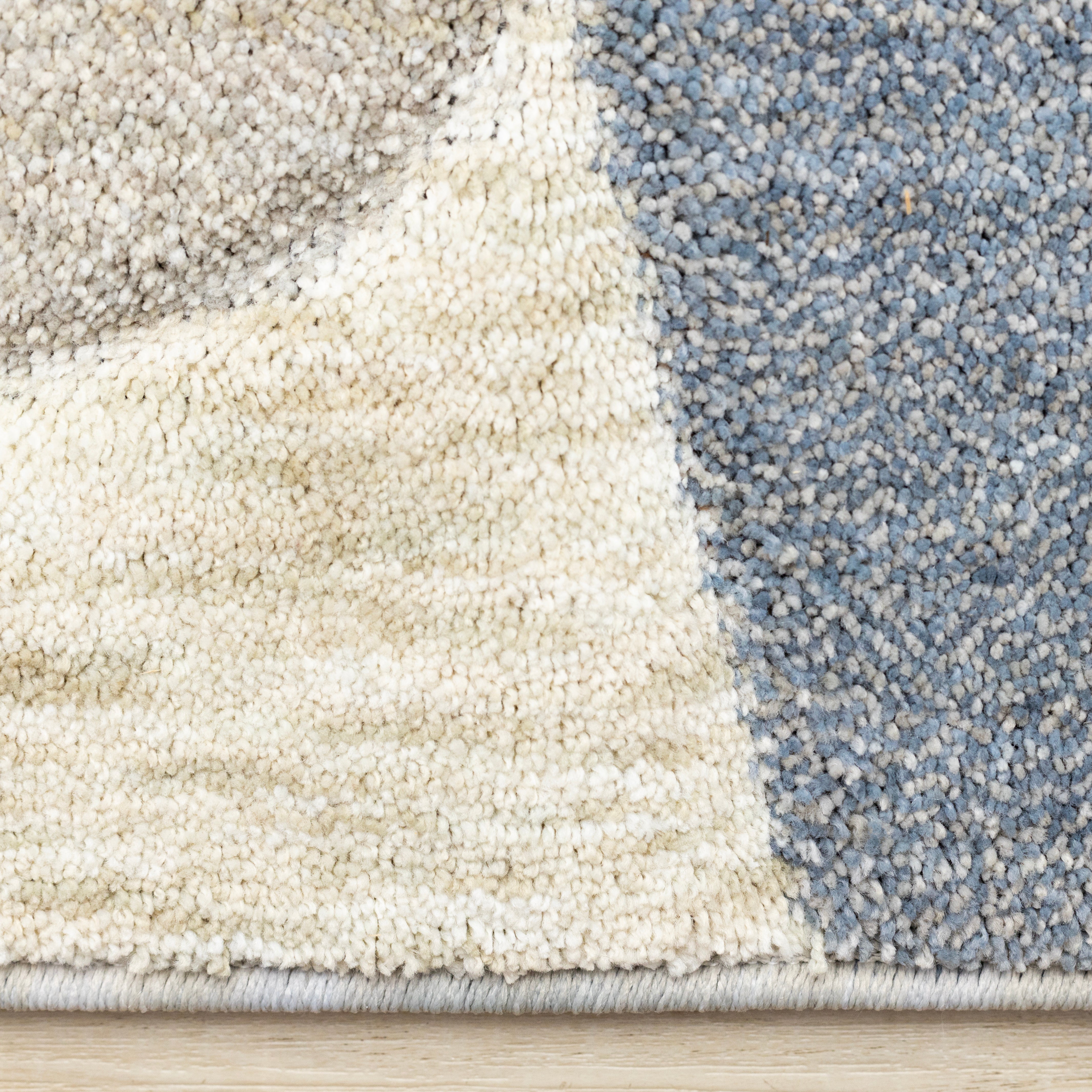 Cora Blue Cream Grey Distressed Curvy Shapes Design Rug