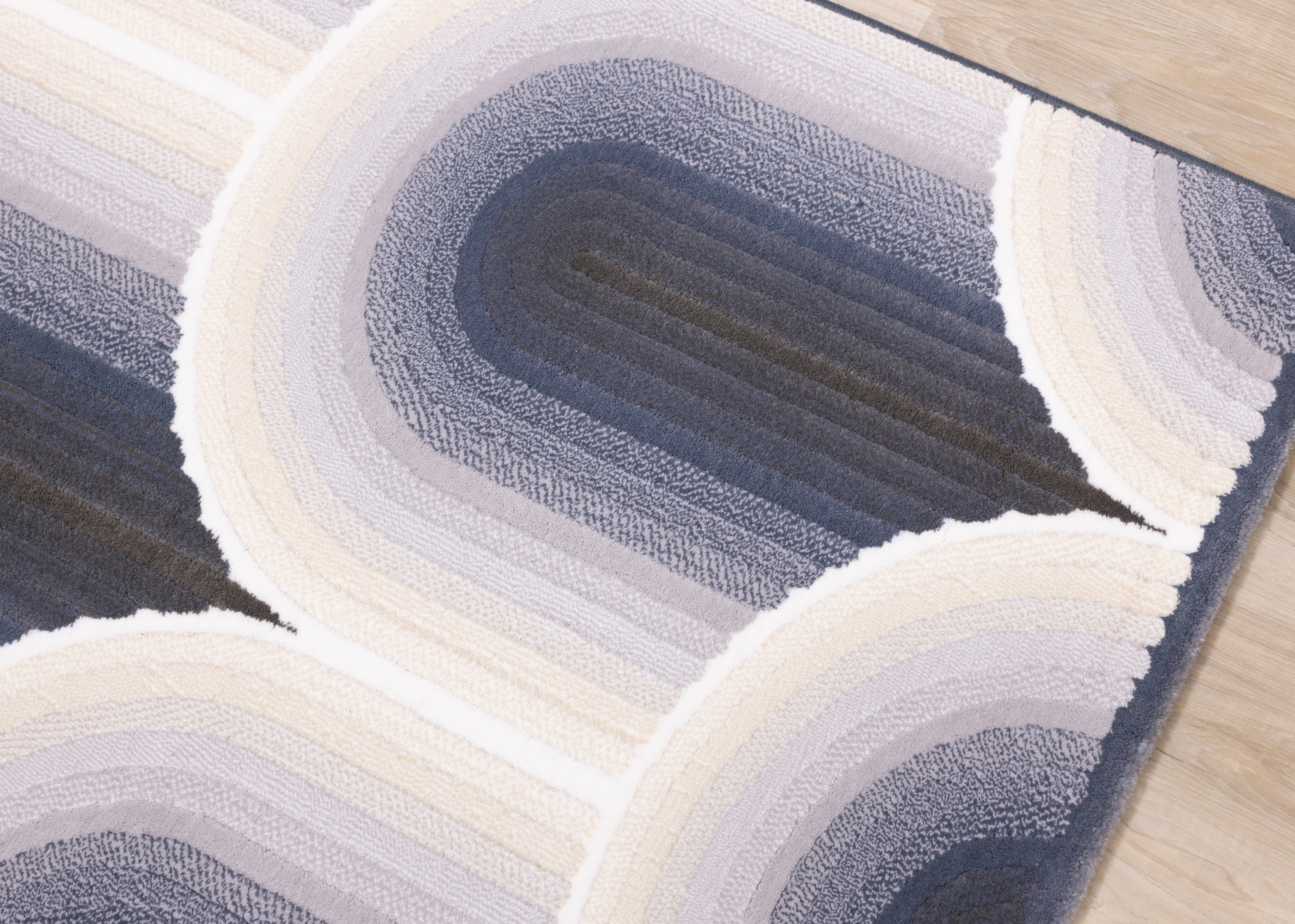 Ella Cream Blue Grey Ombre Geometric Plush Rug