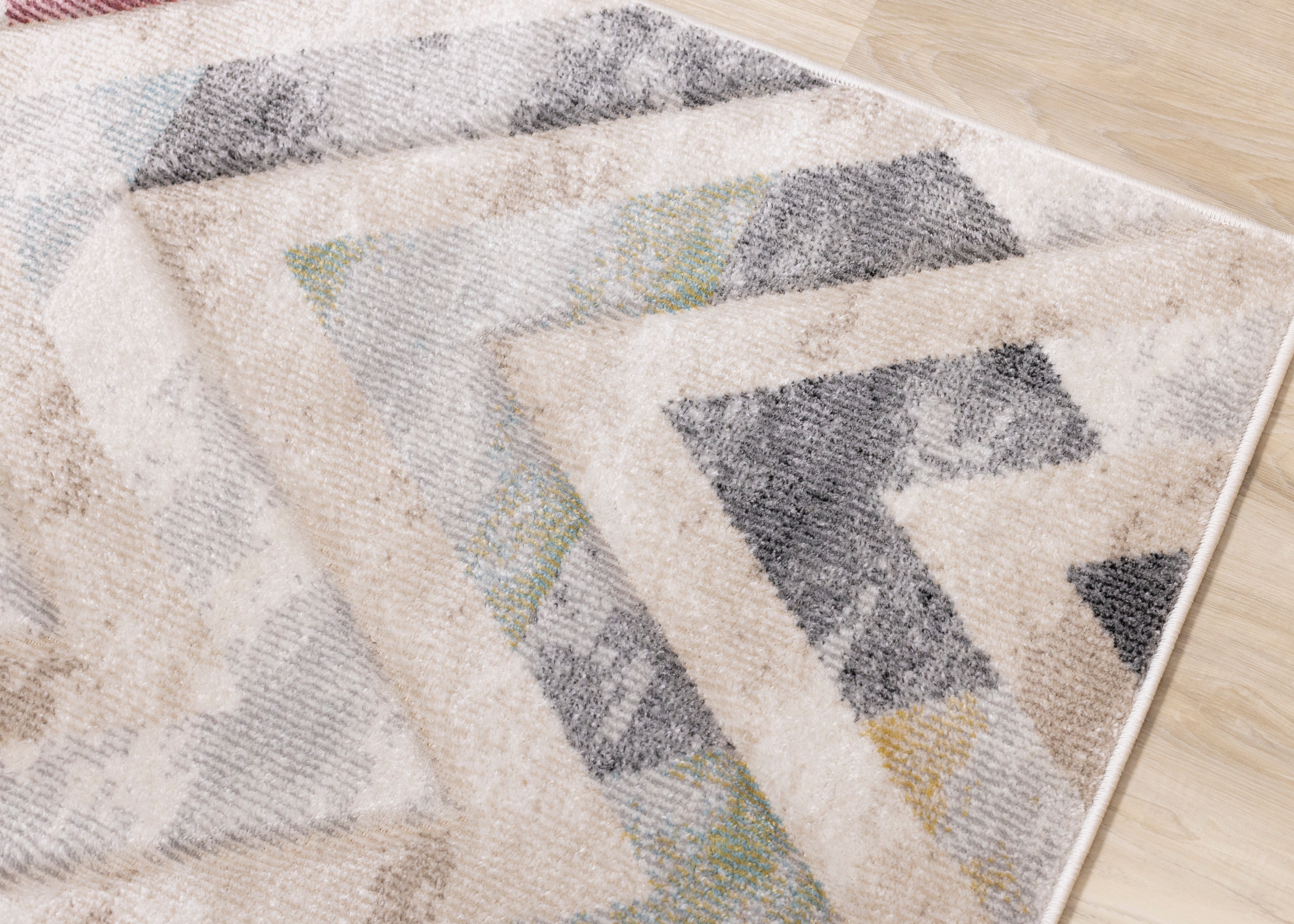 Folio Cream Grey Blue Pink Yellow Distressed Carved Chevron Rug