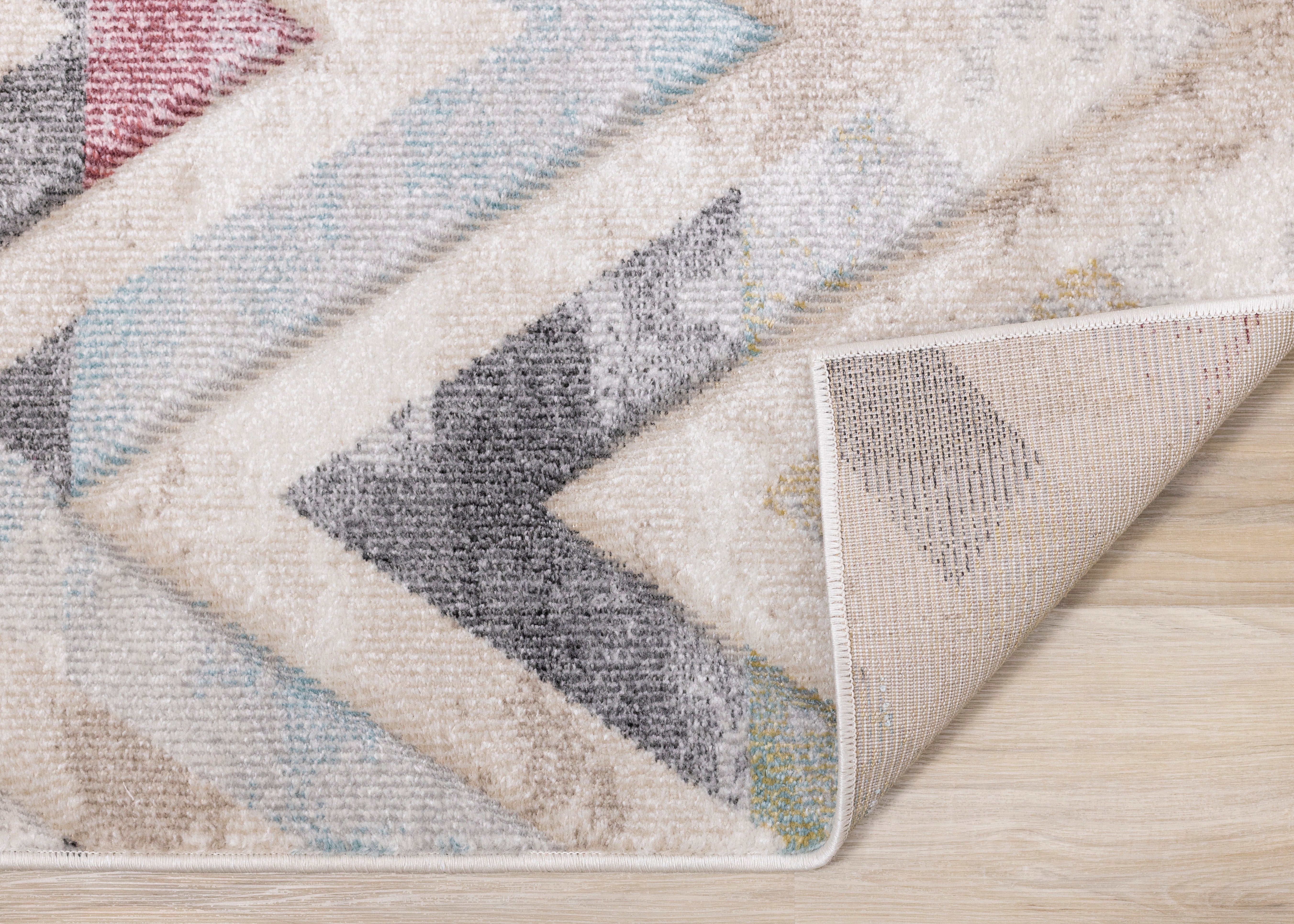 Folio Cream Grey Blue Pink Yellow Distressed Carved Chevron Rug