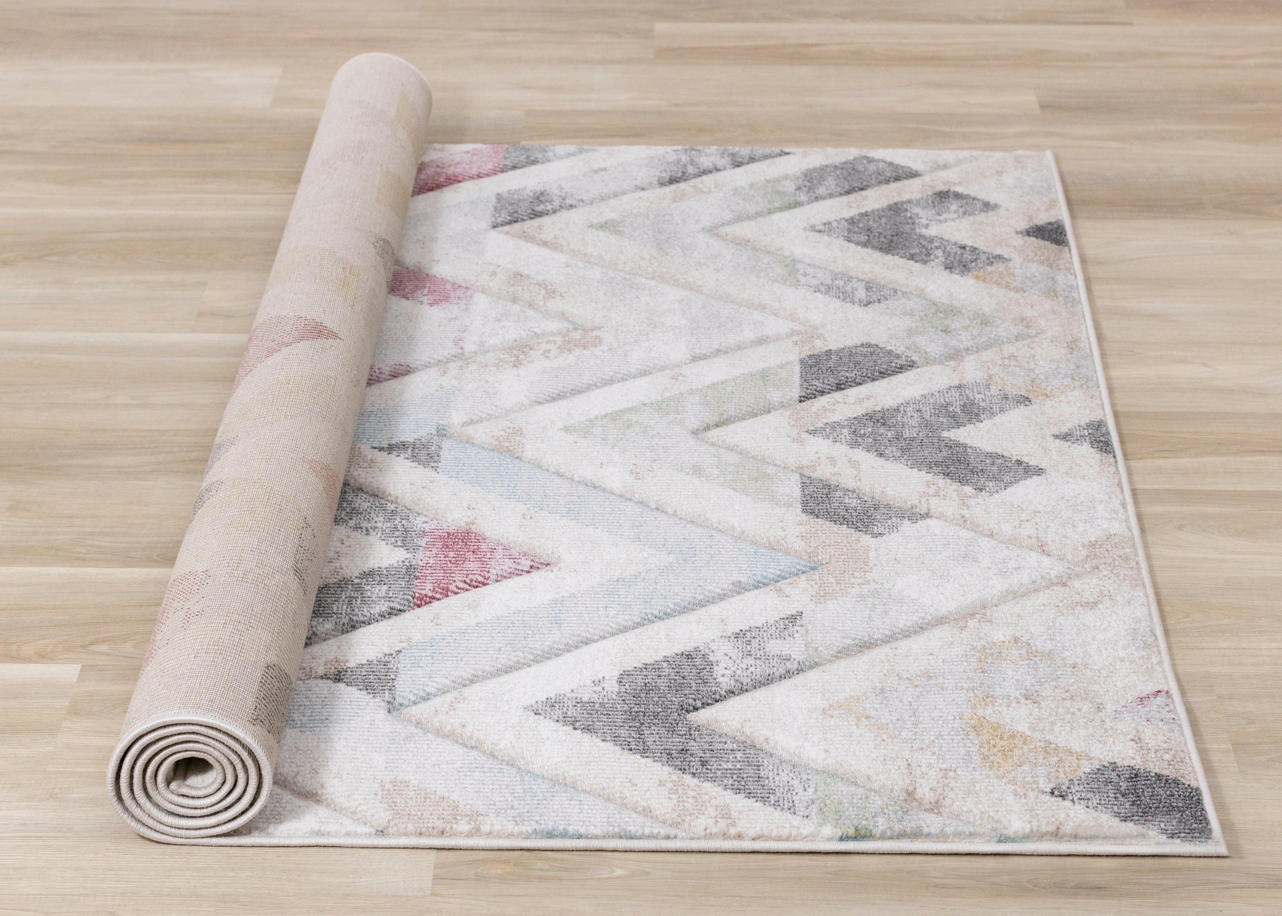 Folio Cream Grey Blue Pink Yellow Distressed Carved Chevron Rug