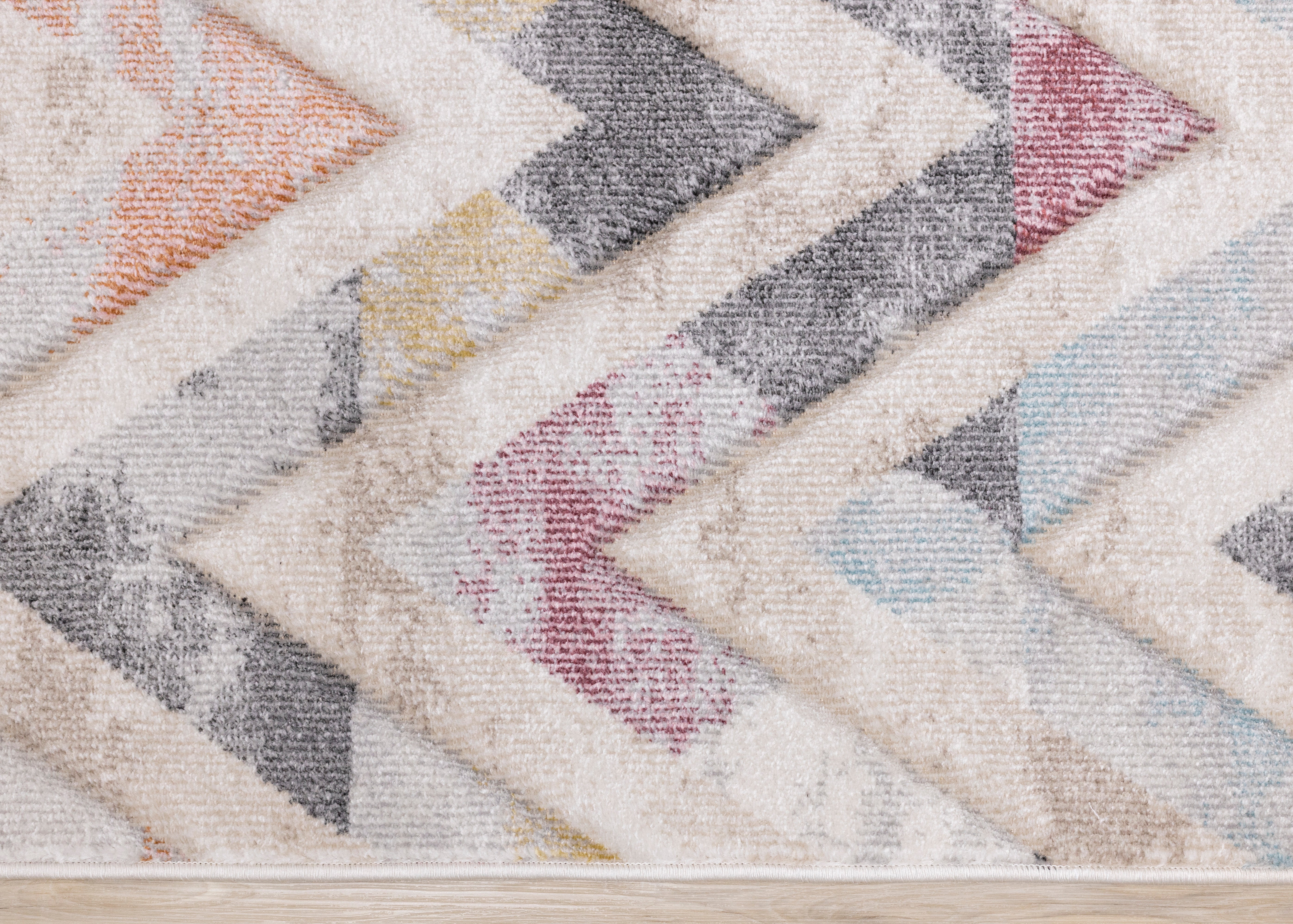 Folio Cream Grey Blue Pink Yellow Distressed Carved Chevron Rug