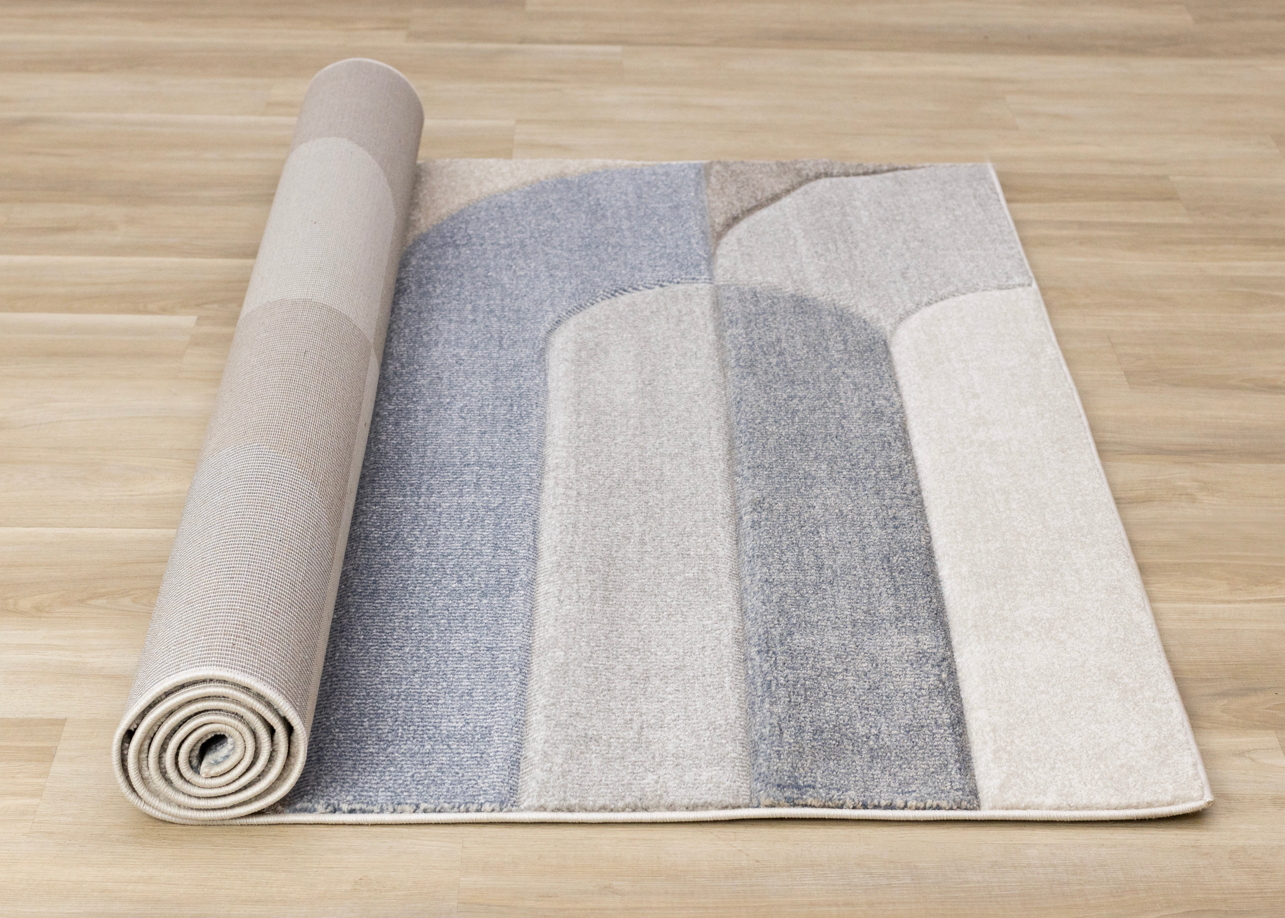 Folio Blue Beige Grey Rounded Geoemetric Overlay Striped Design Rug
