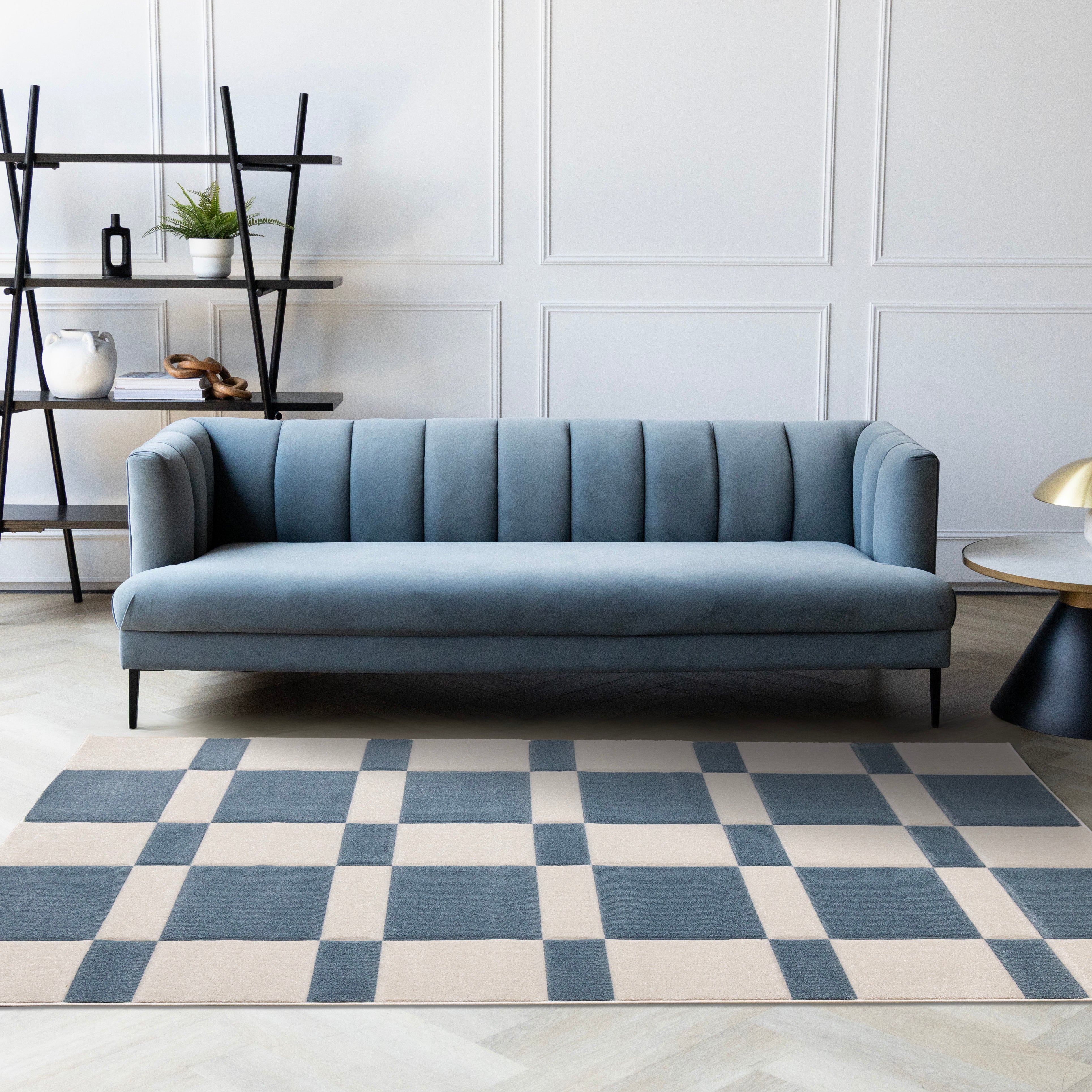 Folio Blue White Banded Rectangle Pattern Rug