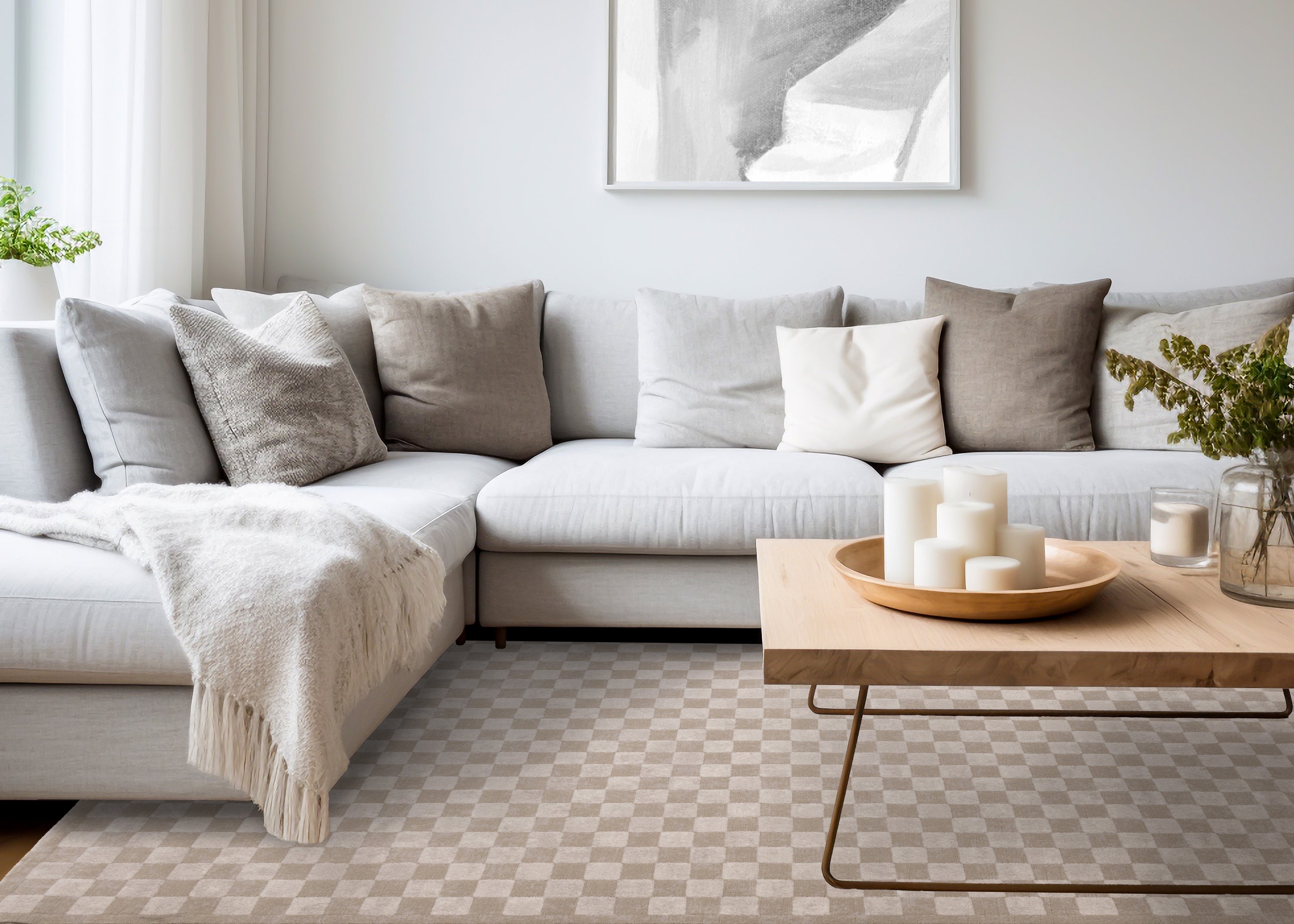 Himalaya Taupe Brown White Checkers Rug