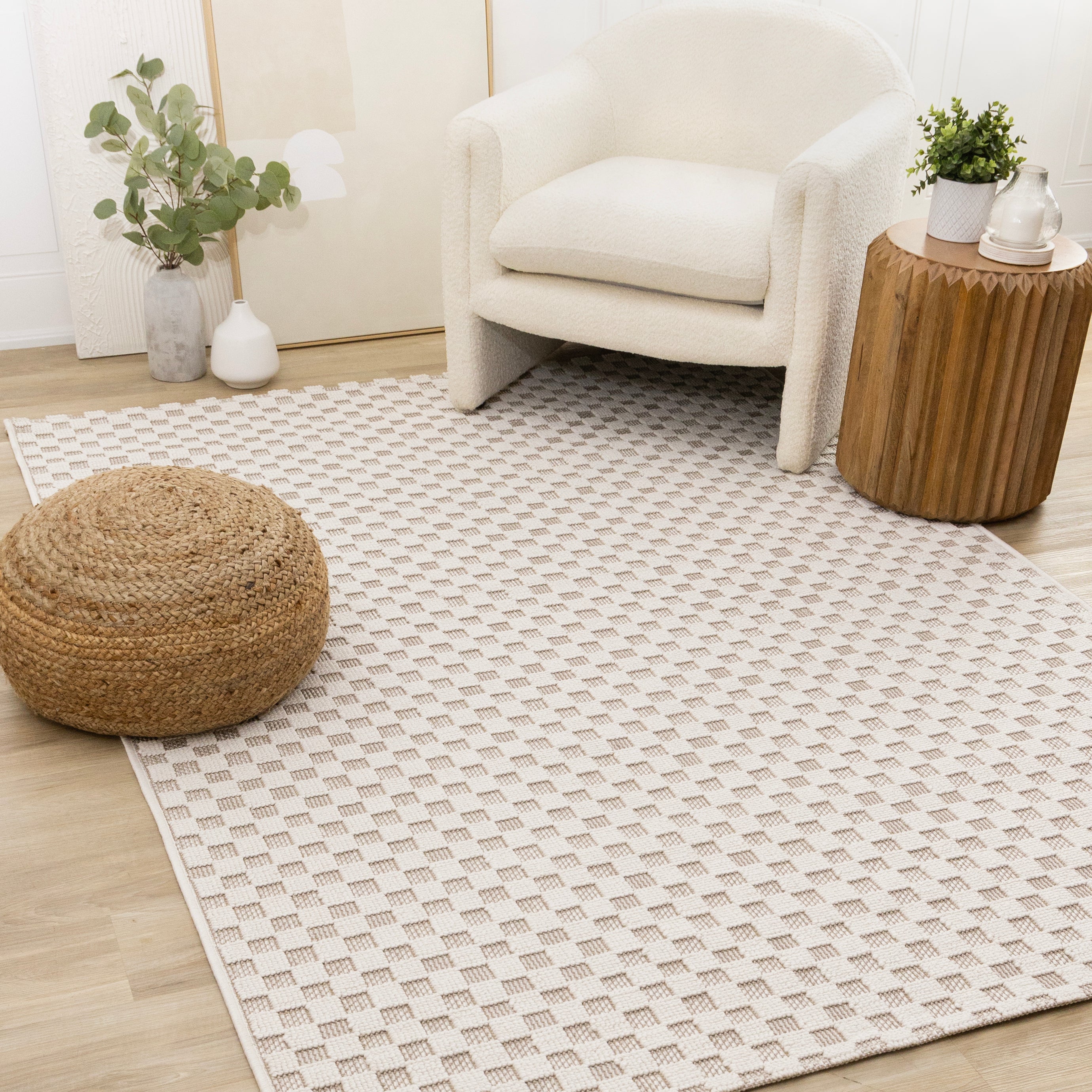 Isla White Beige Checkered Rug
