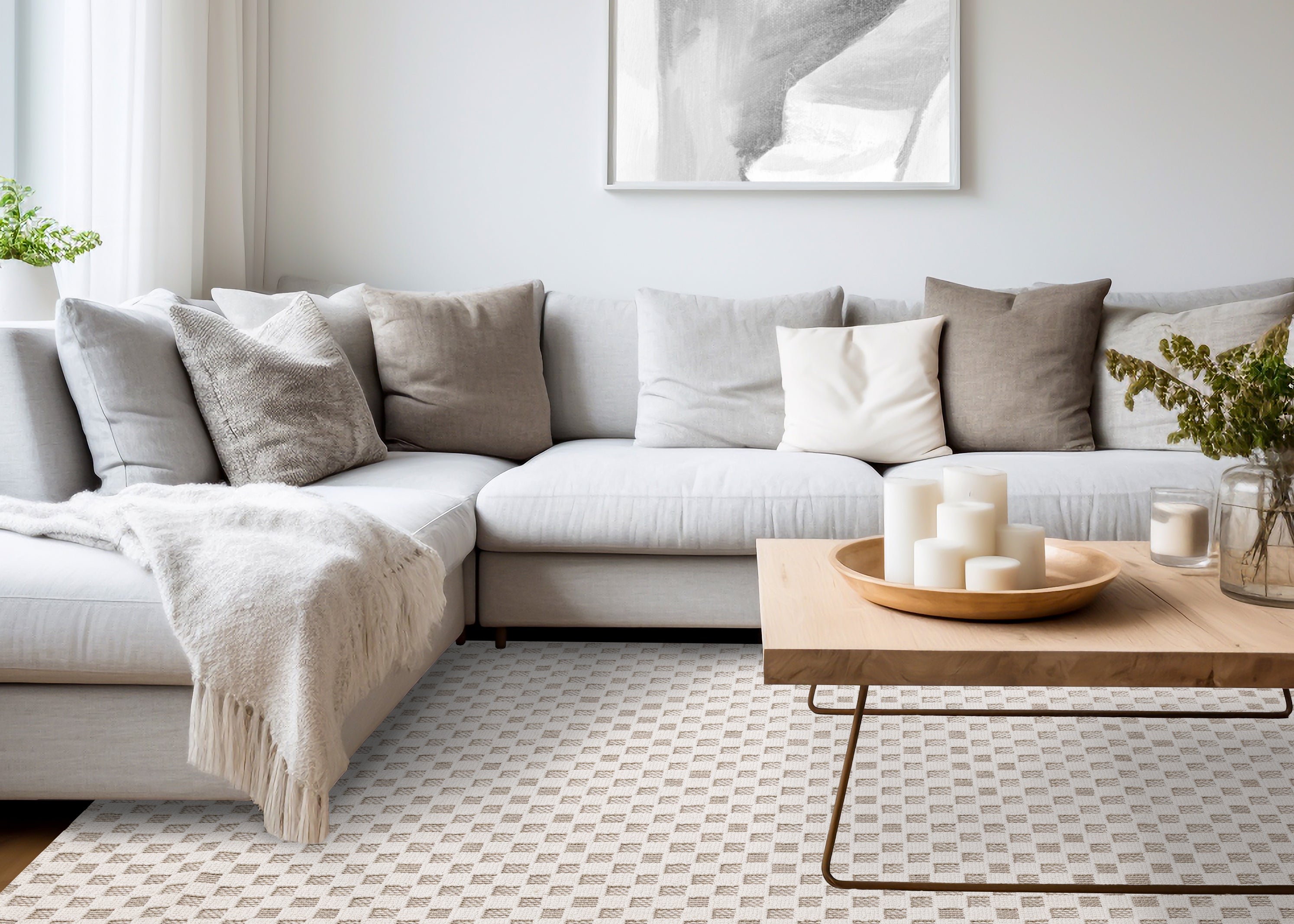 Isla White Beige Checkered Rug
