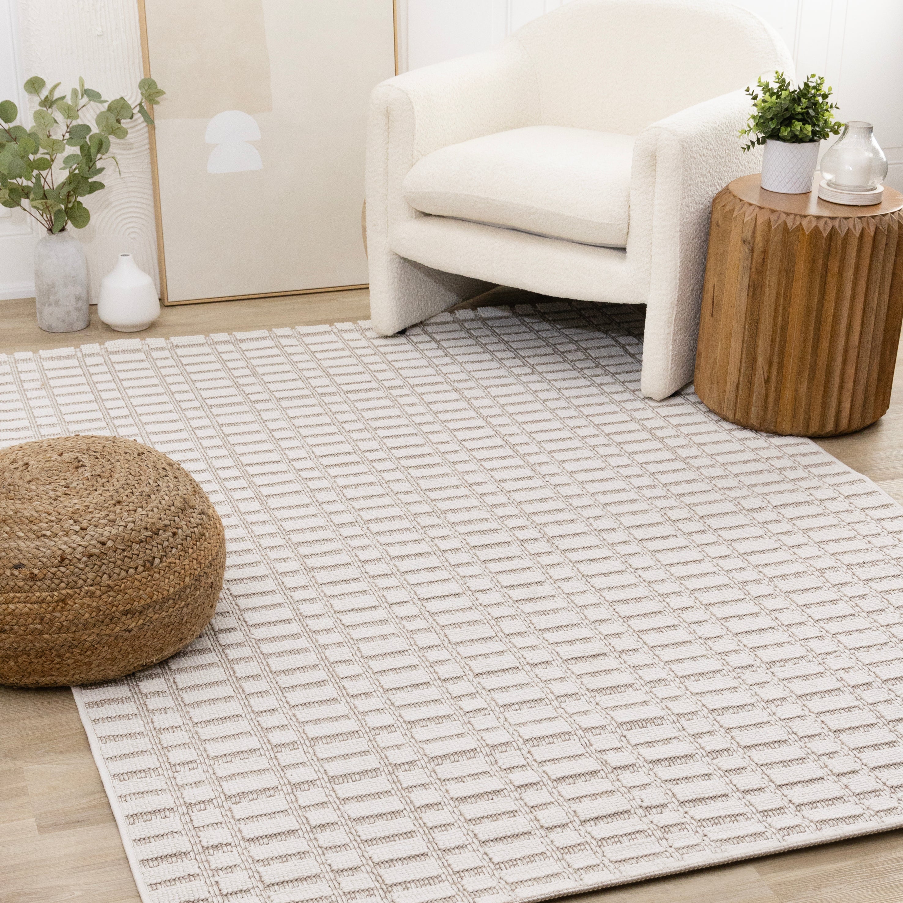 Isla White Taupe Intricate Grid Design Rug