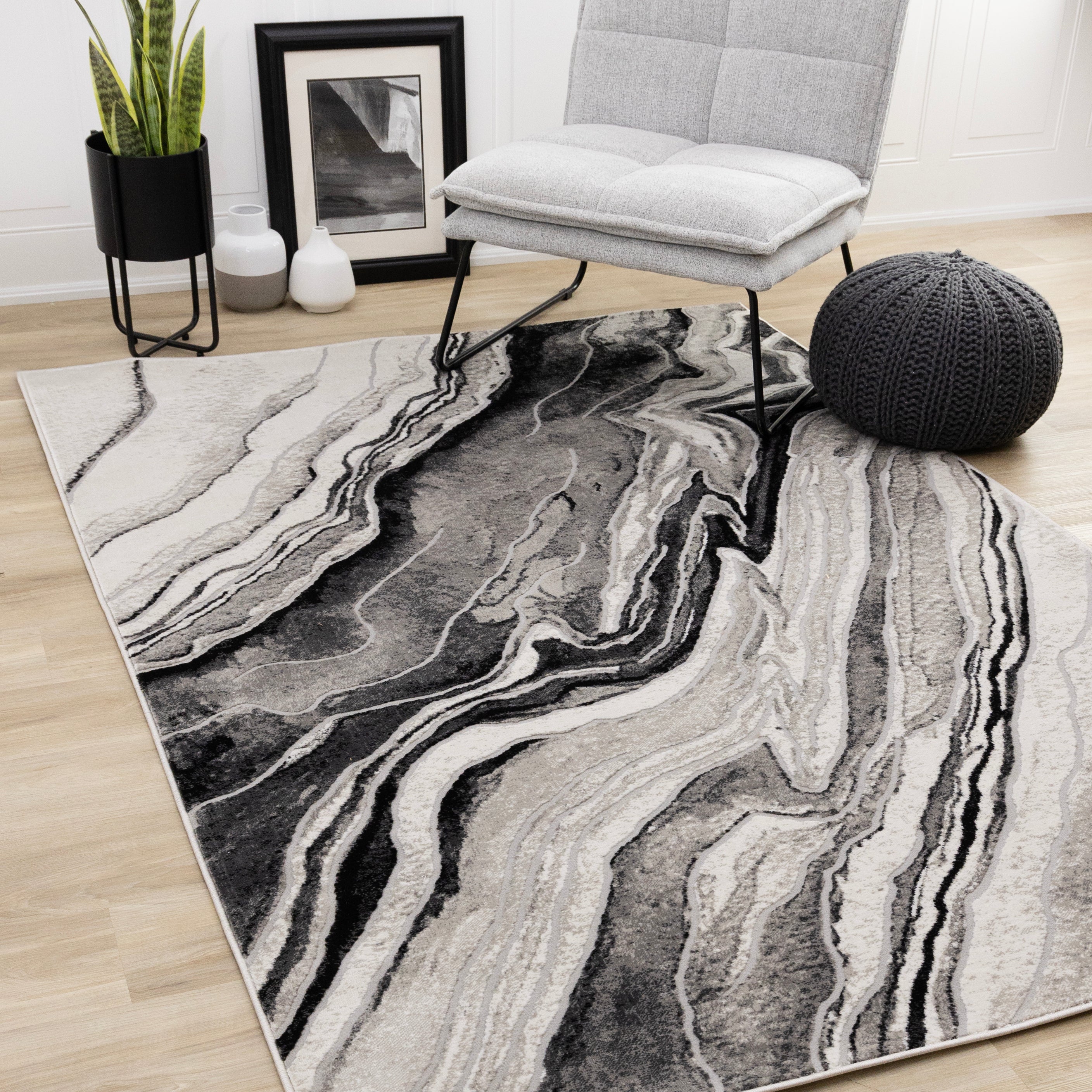 Legacy Grey Black White Marble Layers Design Rug