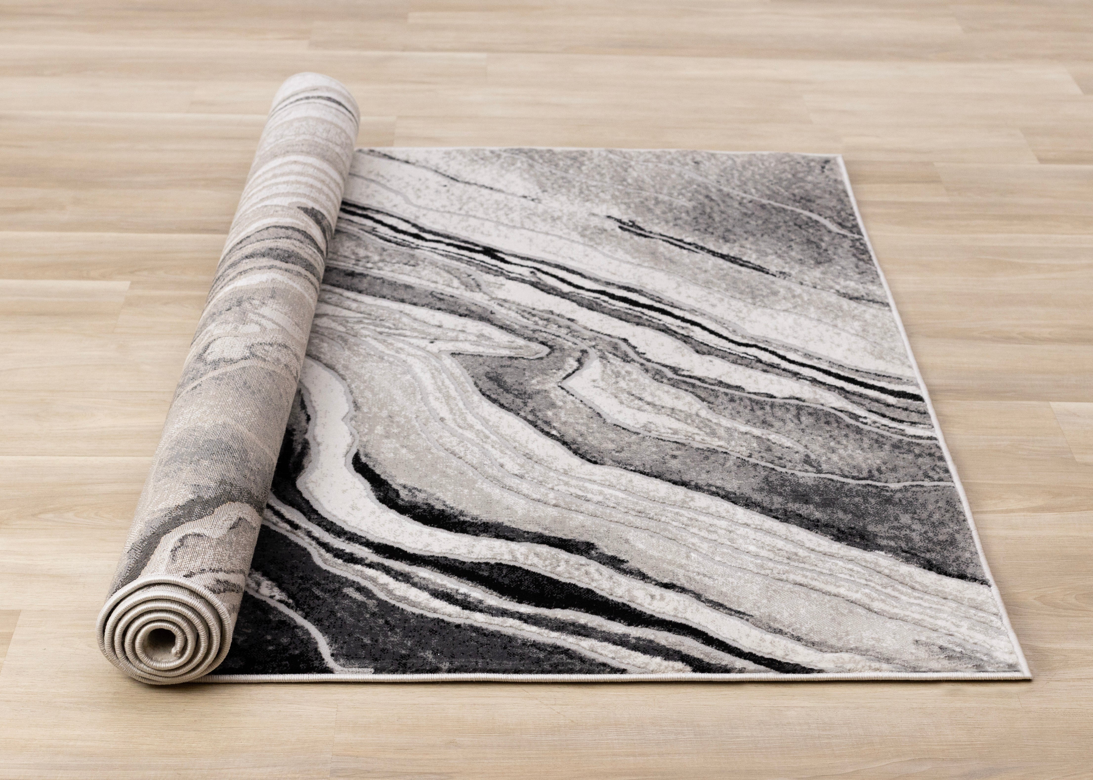 Legacy Grey Black White Marble Layers Design Rug