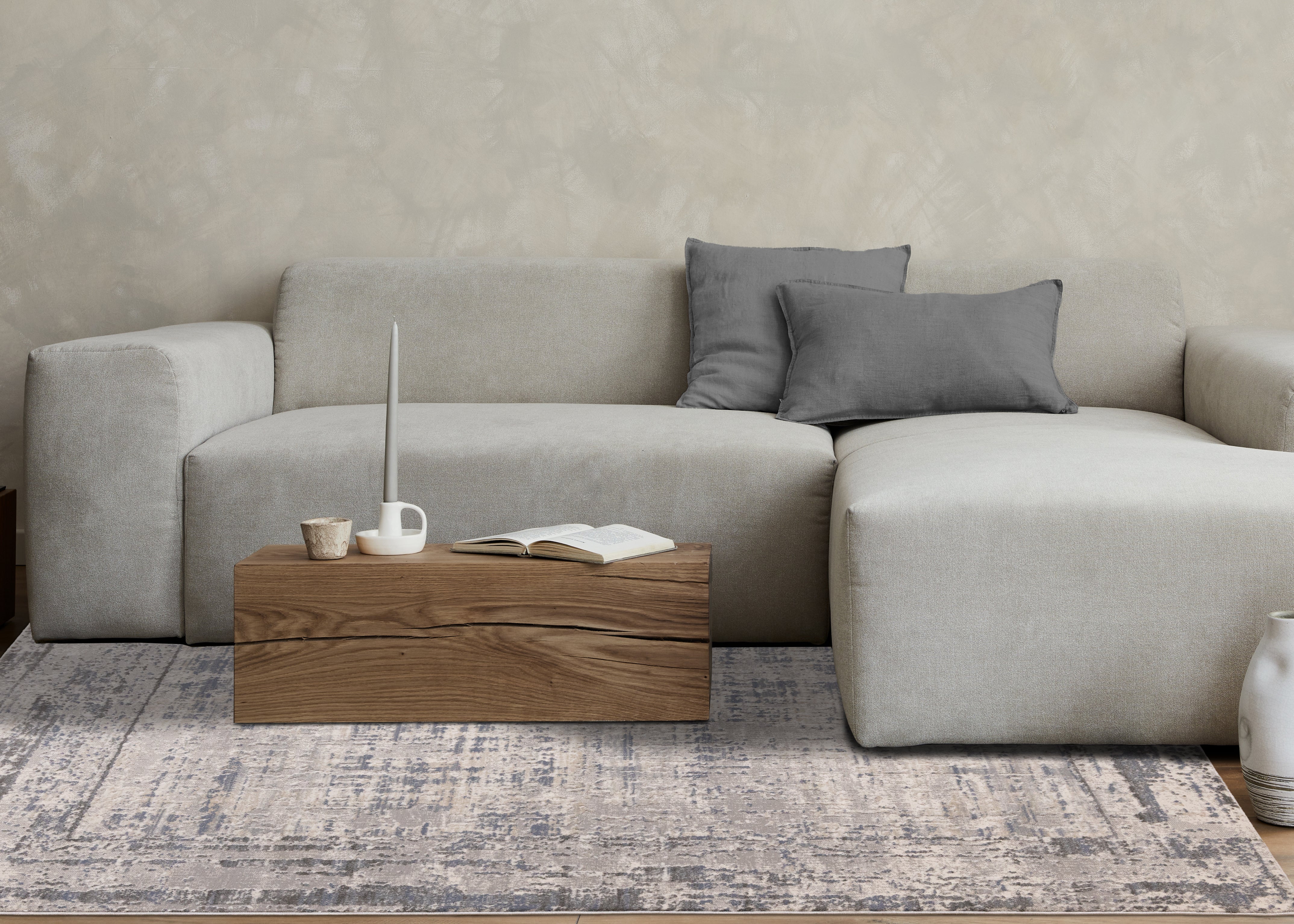 Luca Grey White Blue Distressed Border Rug