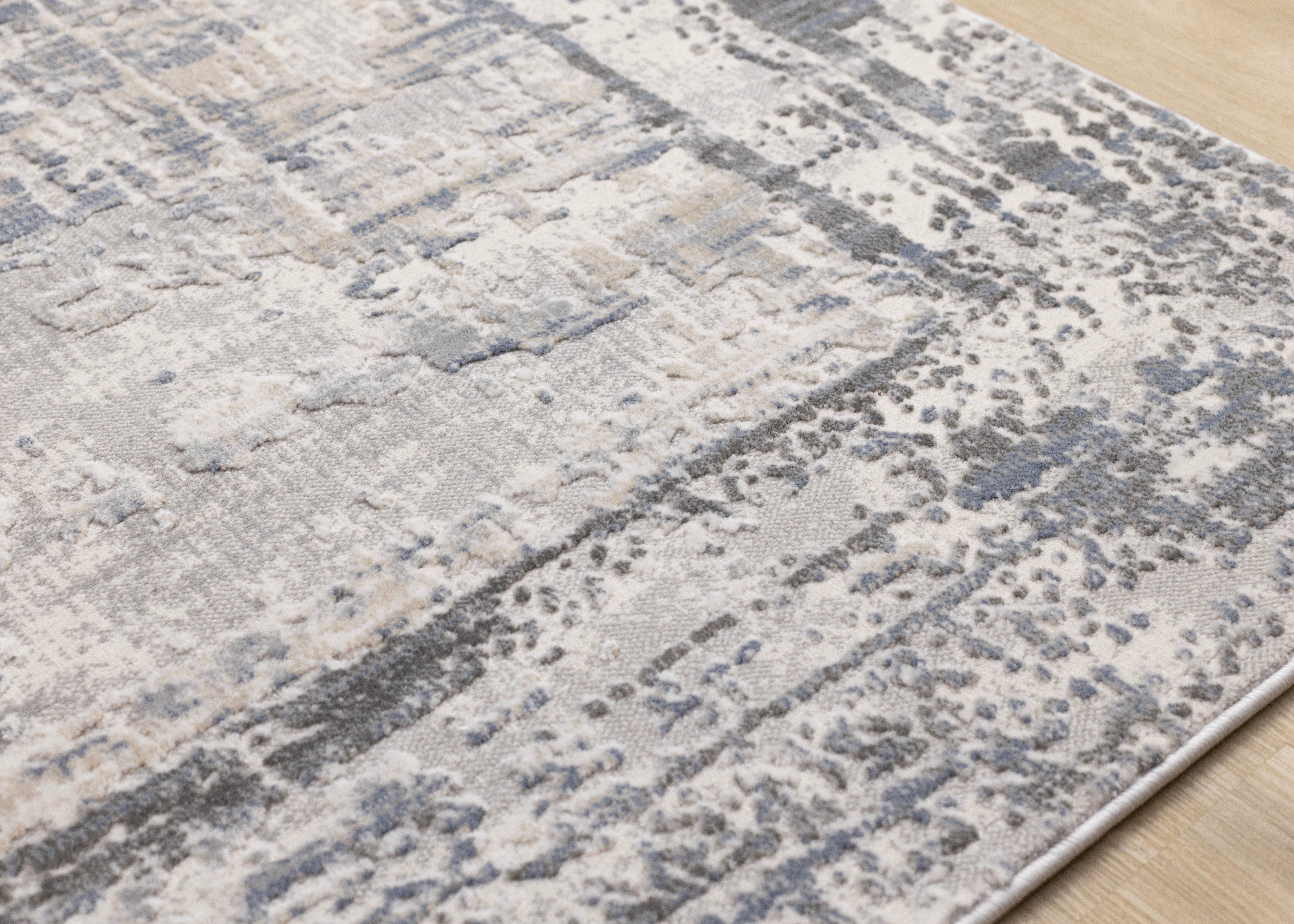 Luca Grey White Blue Distressed Border Rug