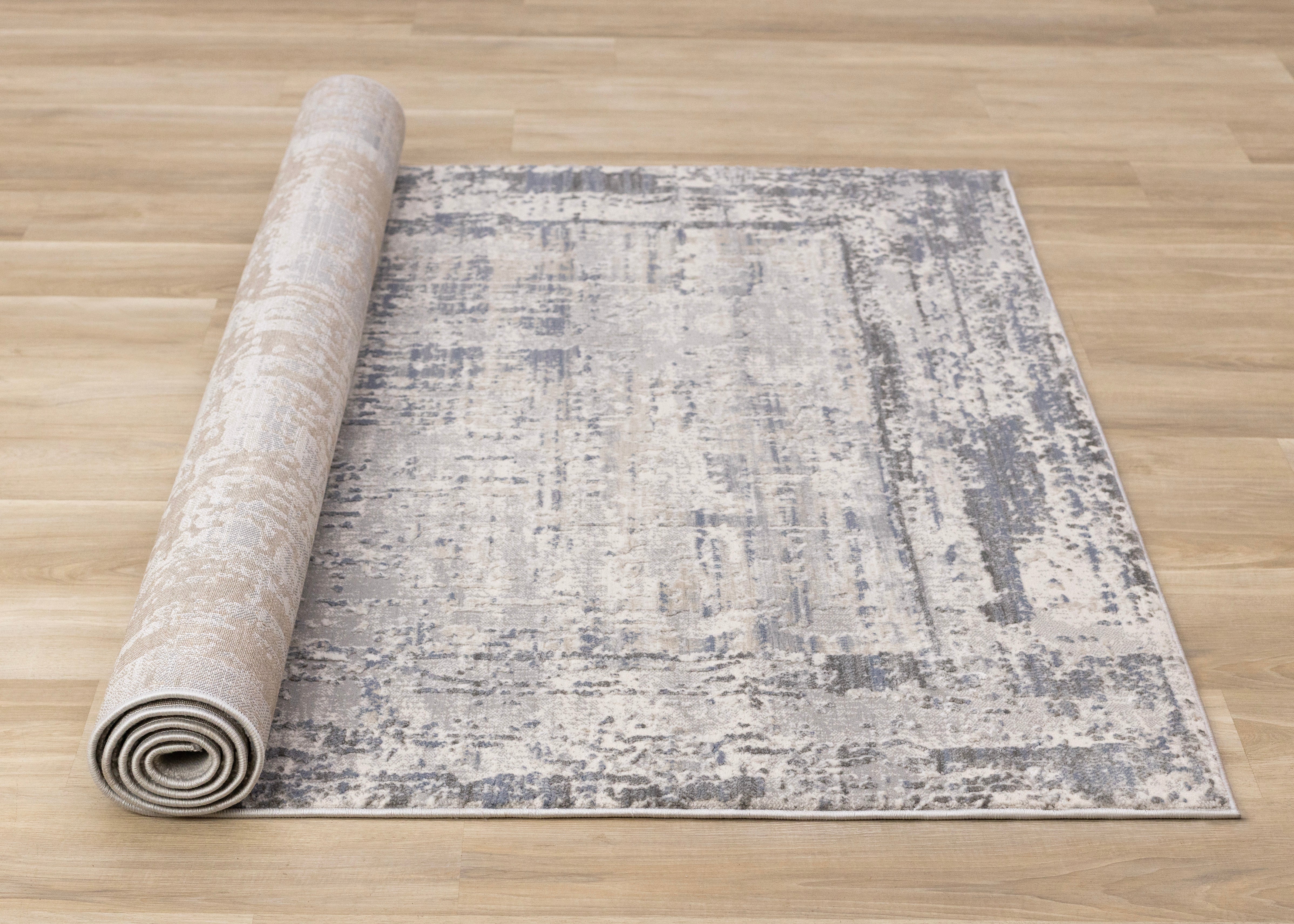 Luca Grey White Blue Distressed Border Rug
