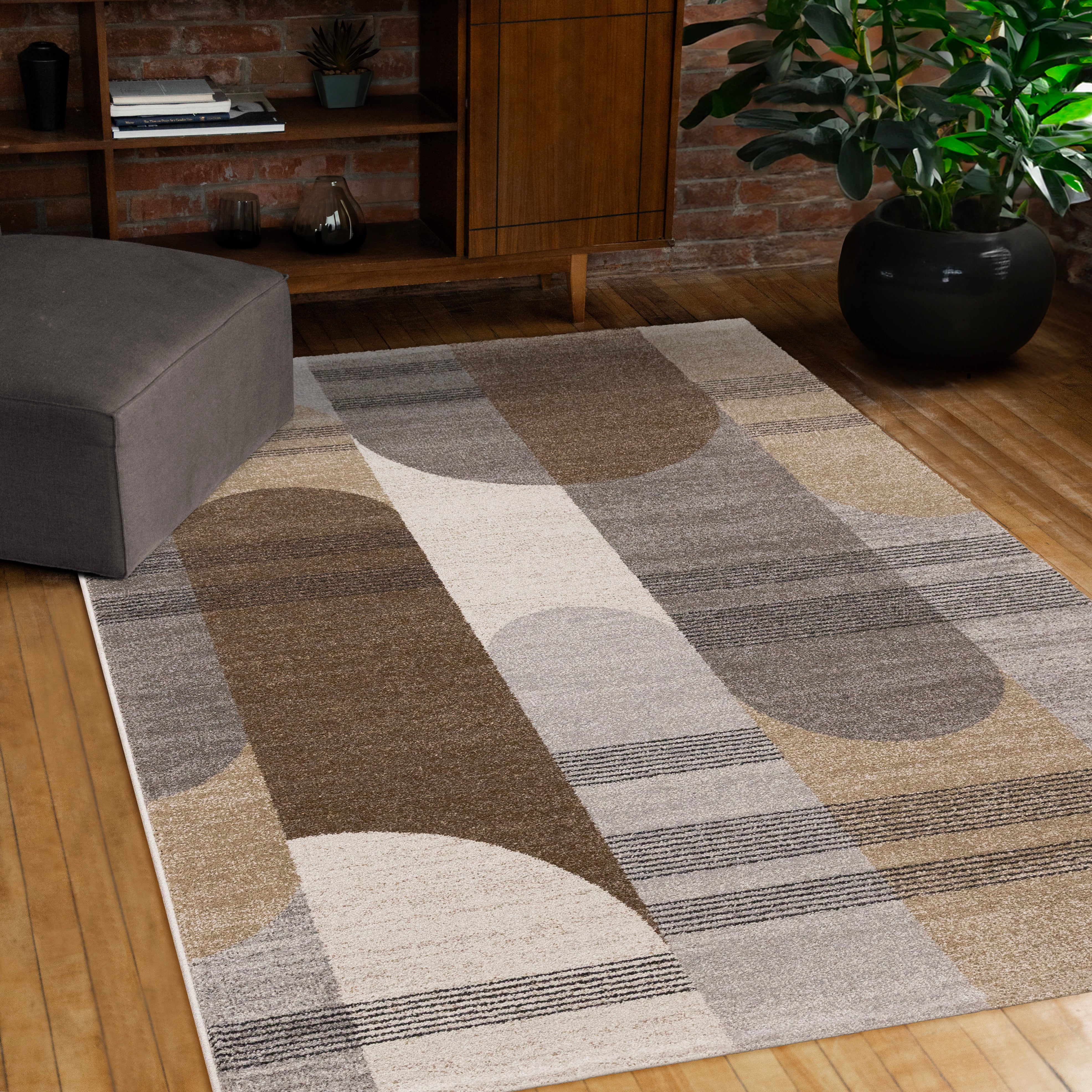 Marquis Brown Grey White Striped Arched Shapes Design Rug