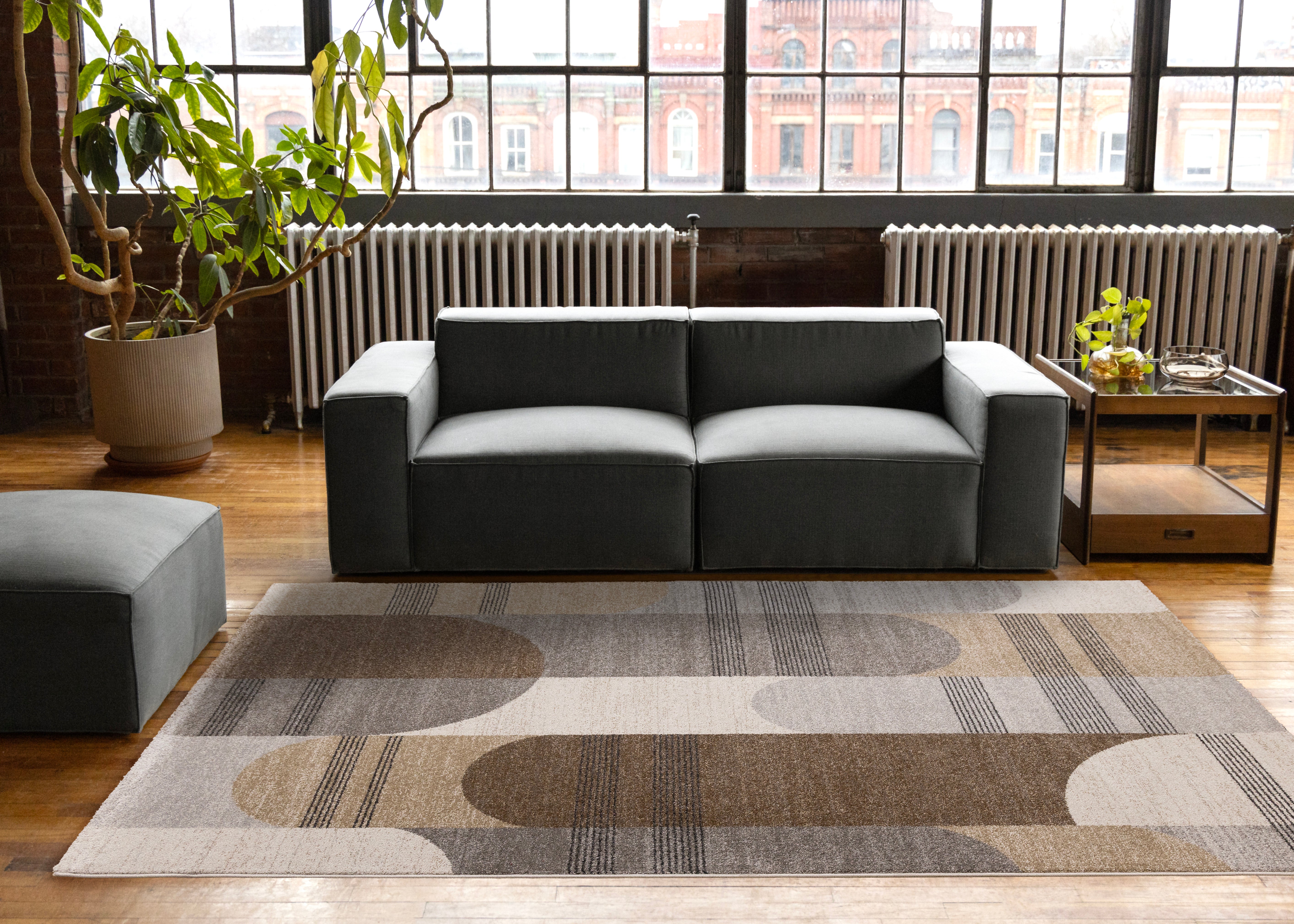 Marquis Brown Grey White Striped Arched Shapes Design Rug