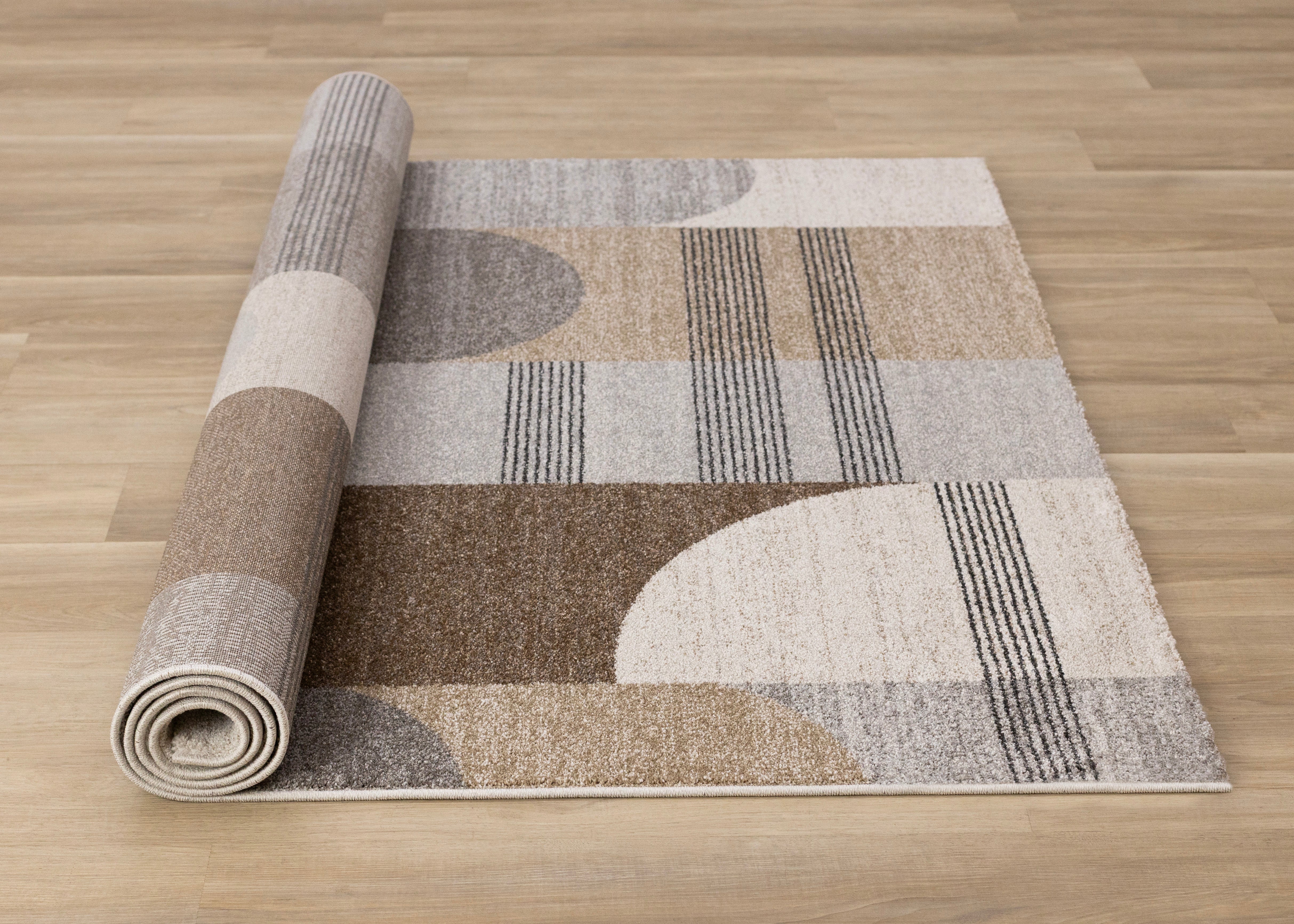 Marquis Brown Grey White Striped Arched Shapes Design Rug