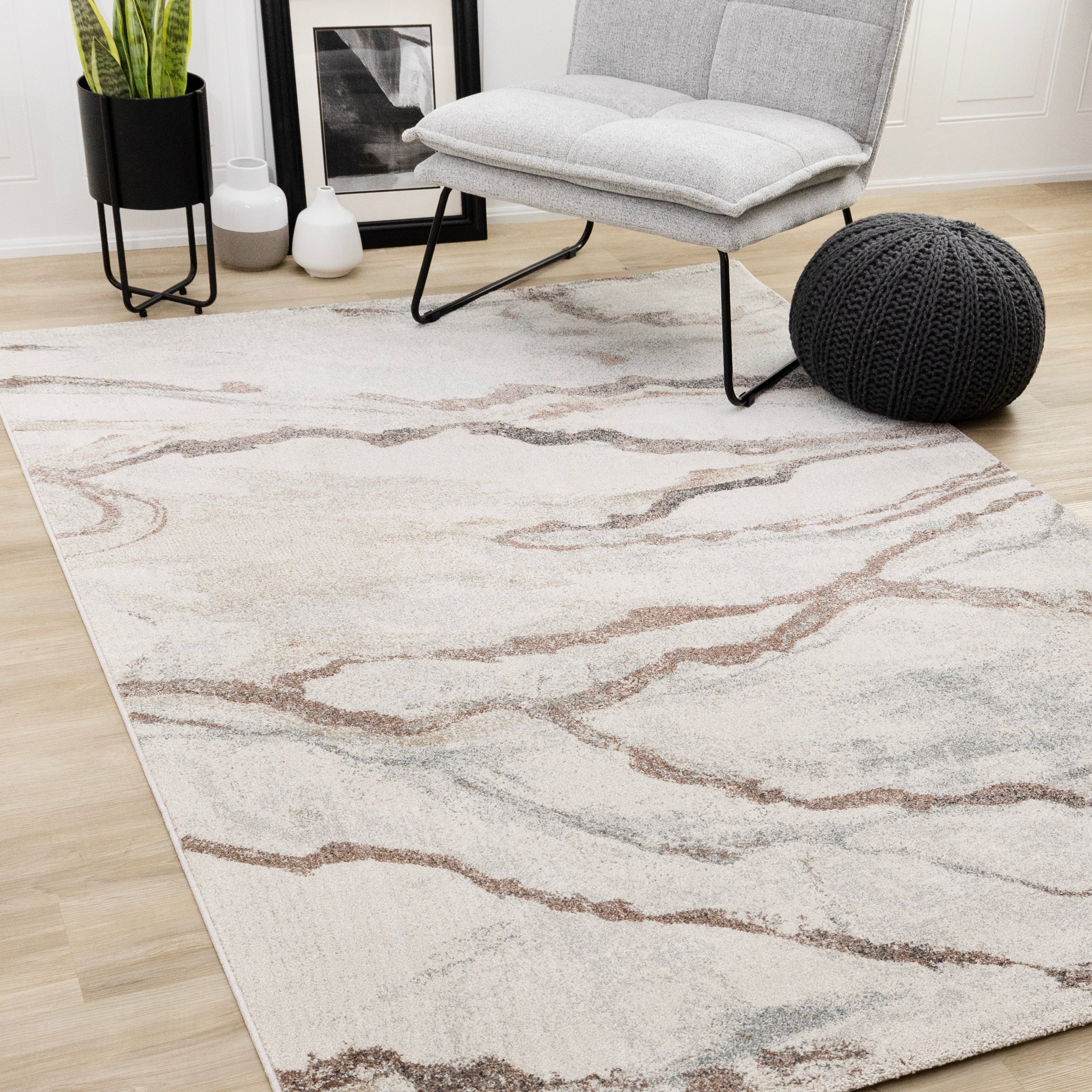 Mae White Grey Orange Veined Marble Design Rug