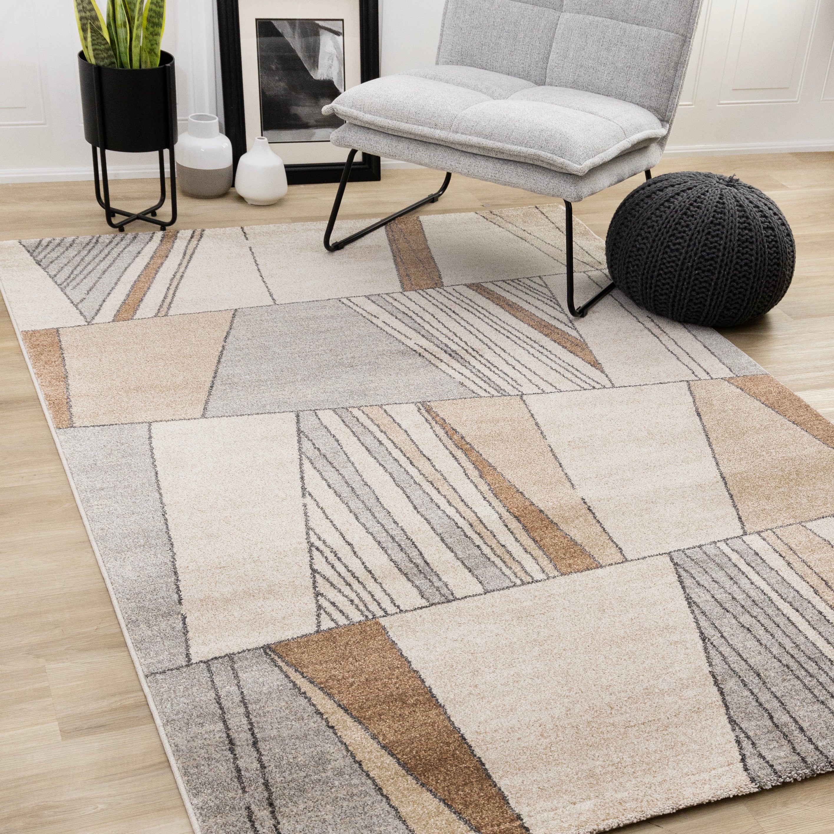 Mae White Beige Orange Stain Glass Design Rug