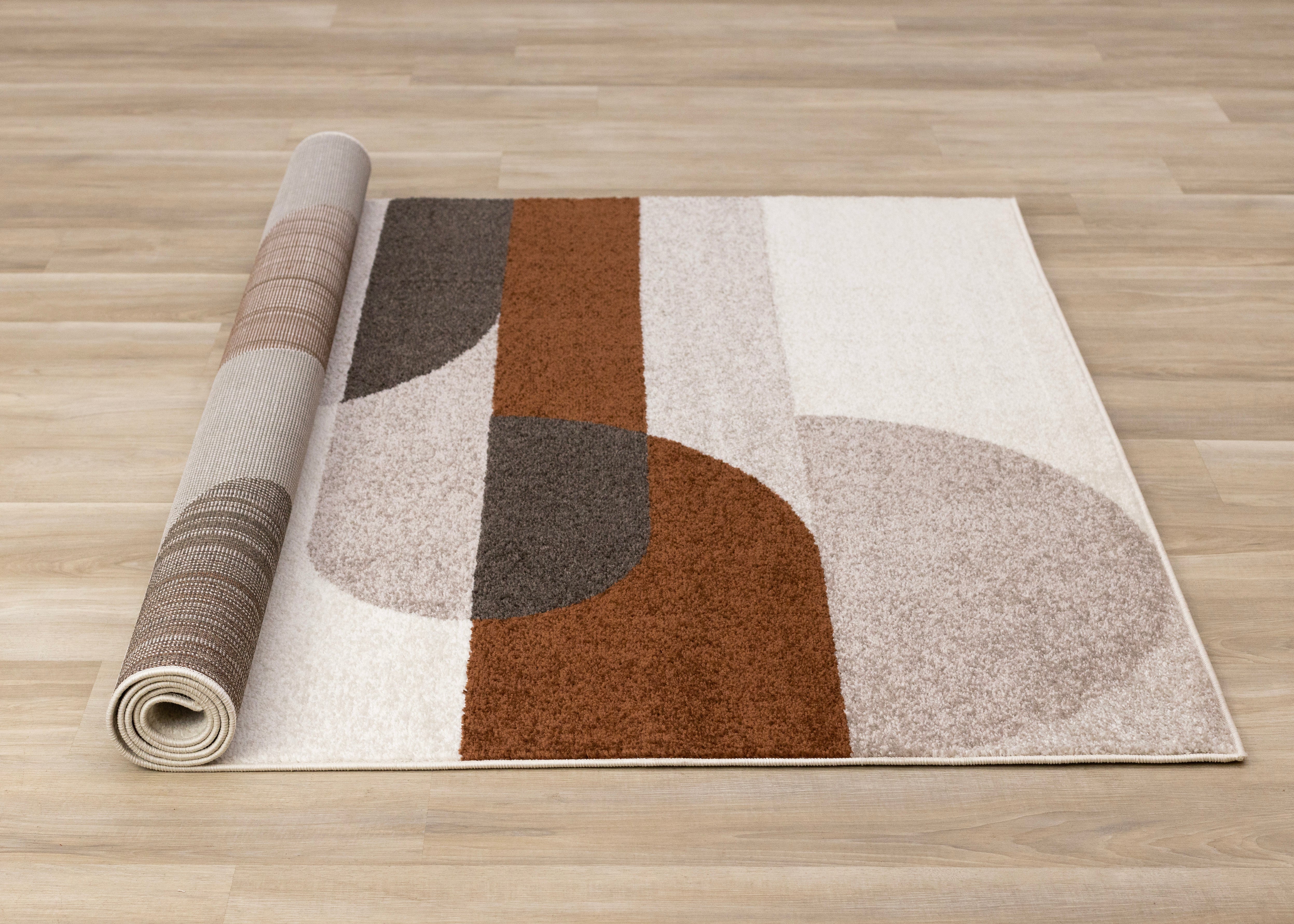 Malibu Taupe Oxblood Cream Striped Curvy Geometric Design Rug