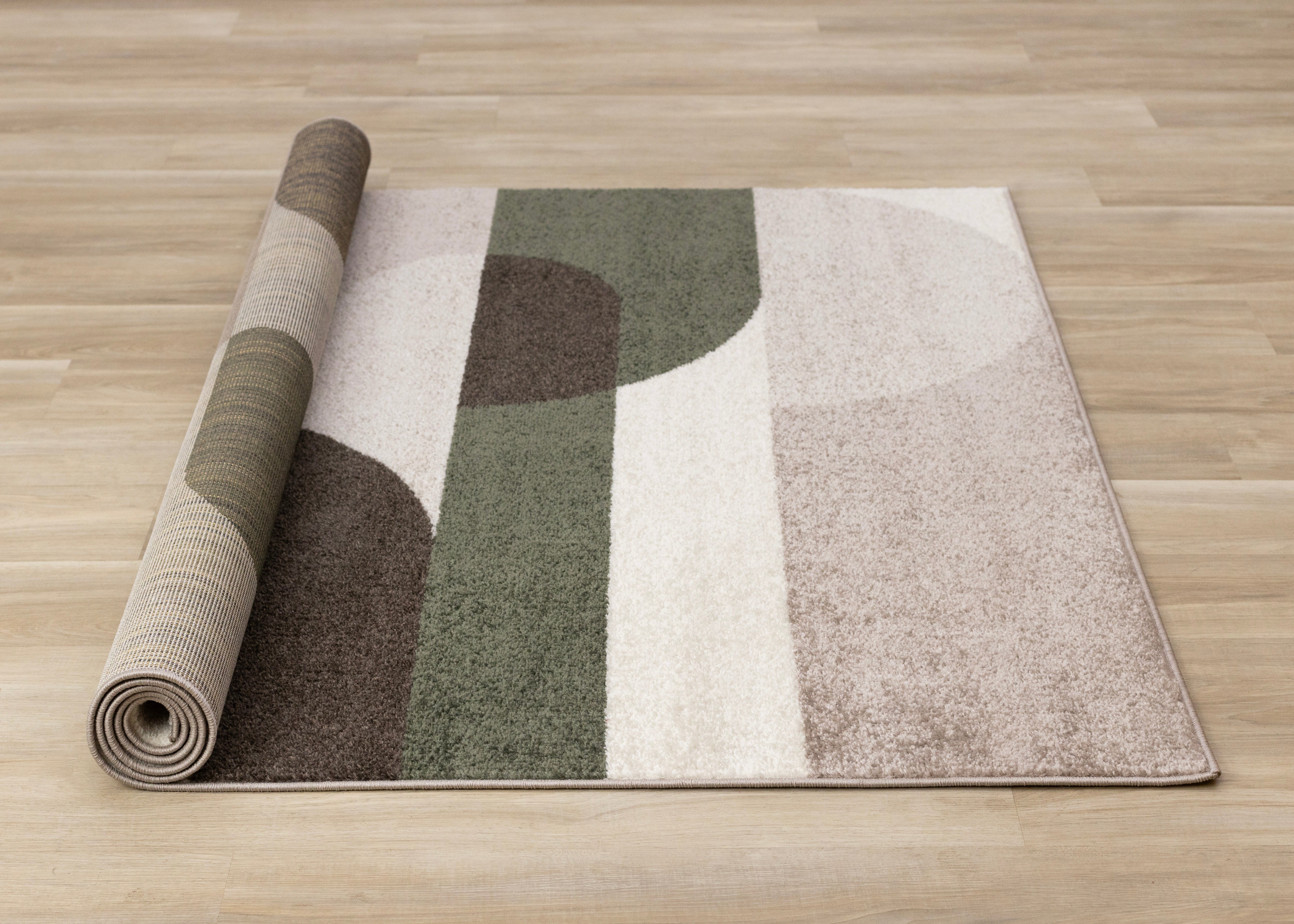 Malibu Taupe Green Cream Striped Curvy Geometric Design Rug