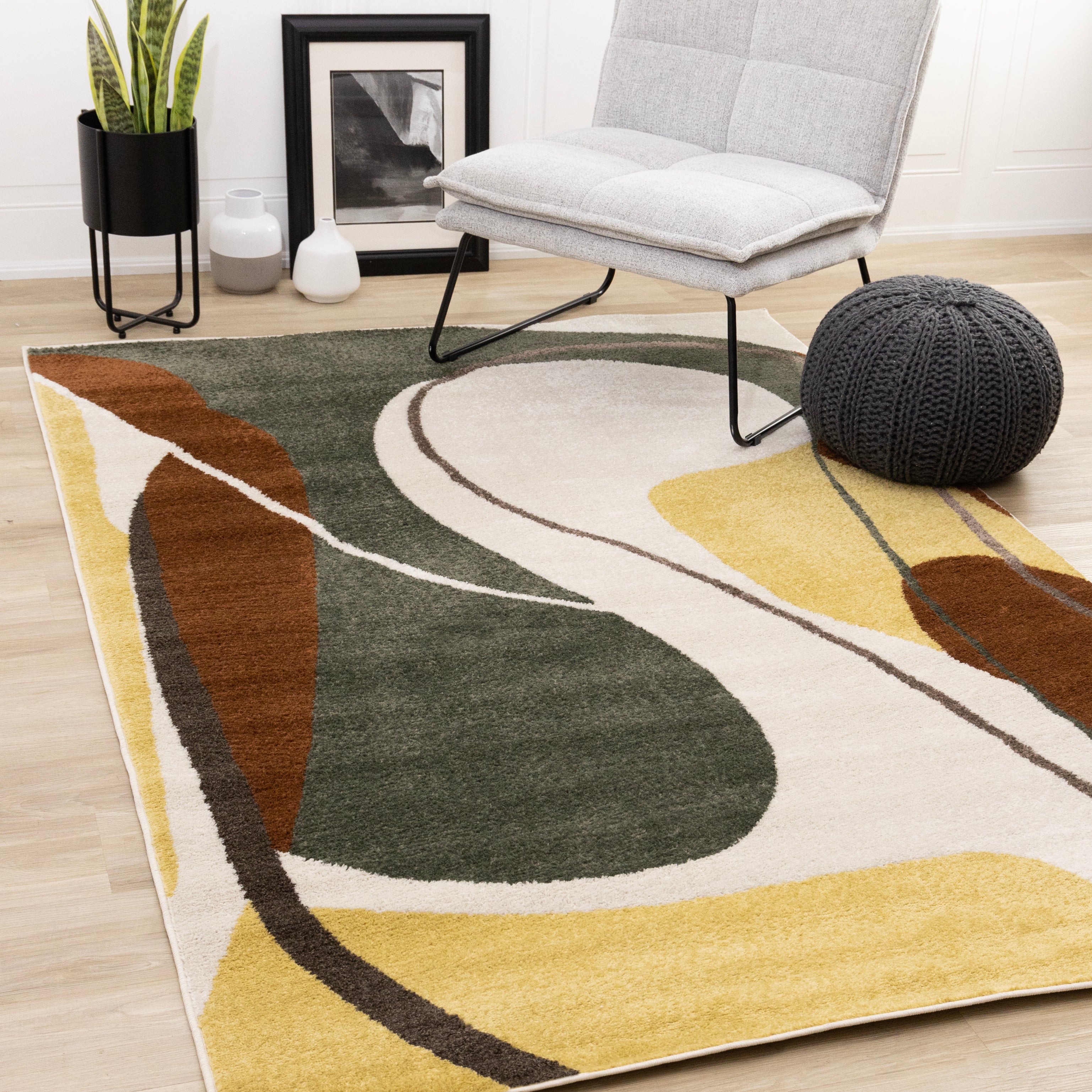 Malibu Yellow Green Brown White Abstract Design Rug