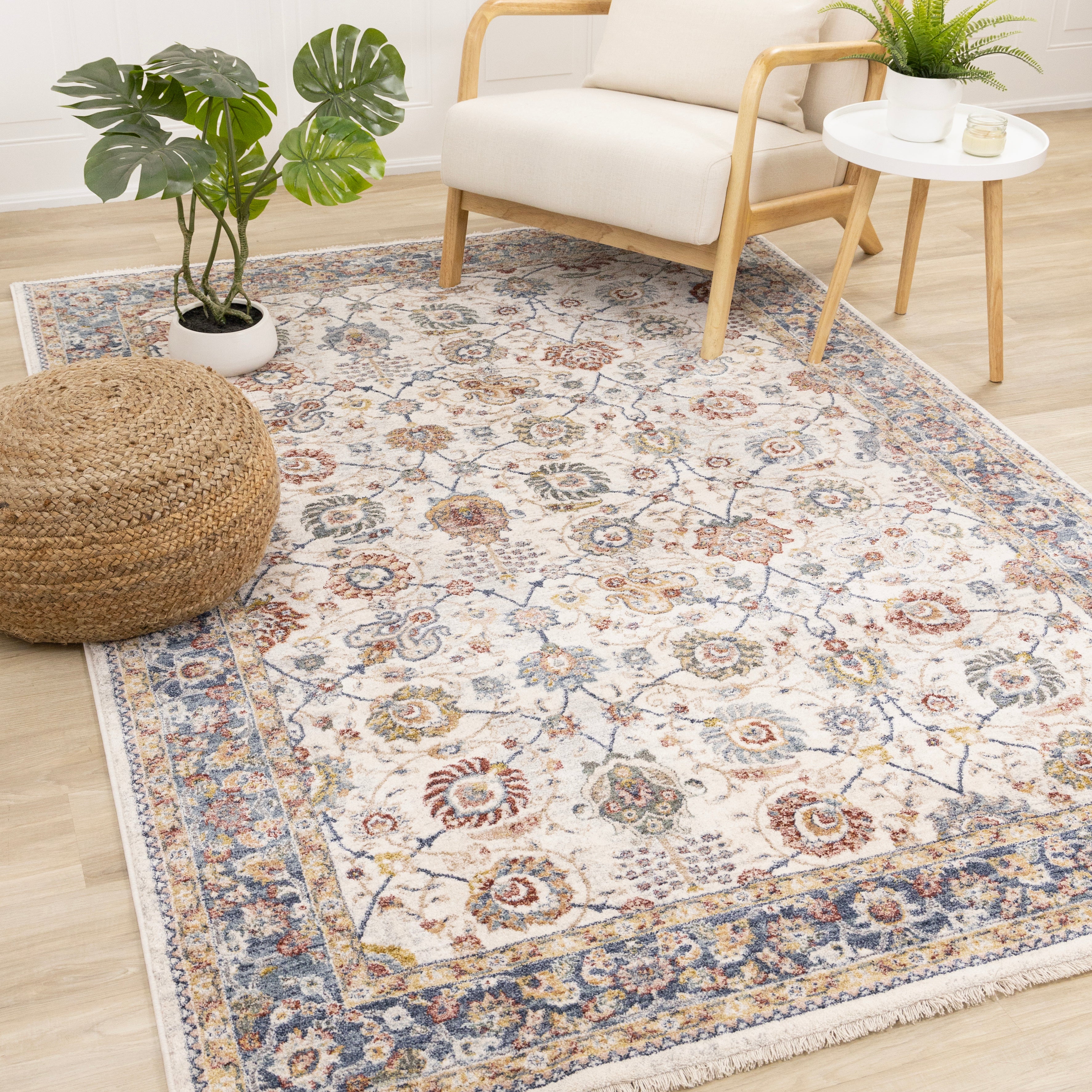 Marisa Cream Blue Traditional Border Floral Rug