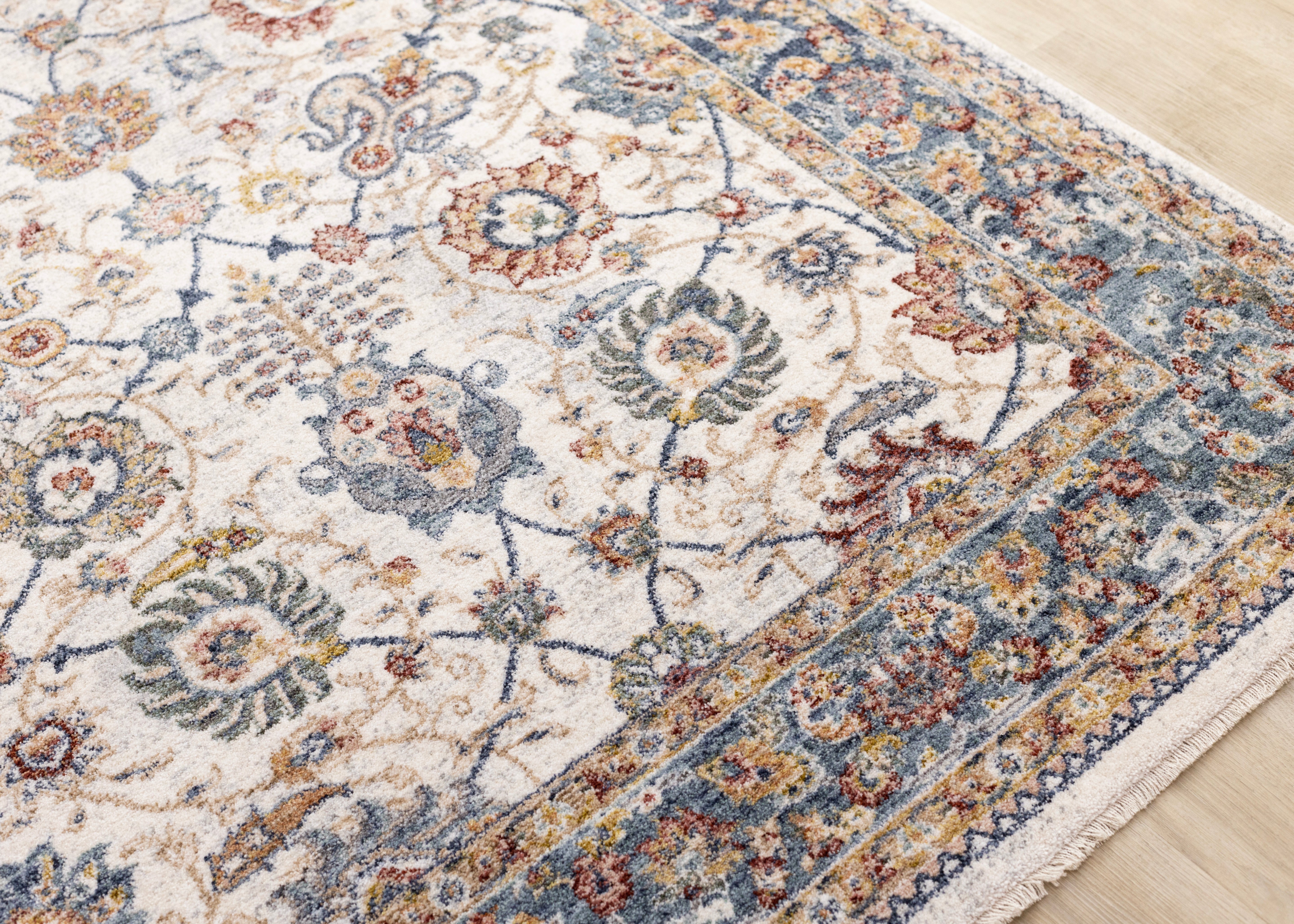 Marisa Cream Blue Traditional Border Floral Rug