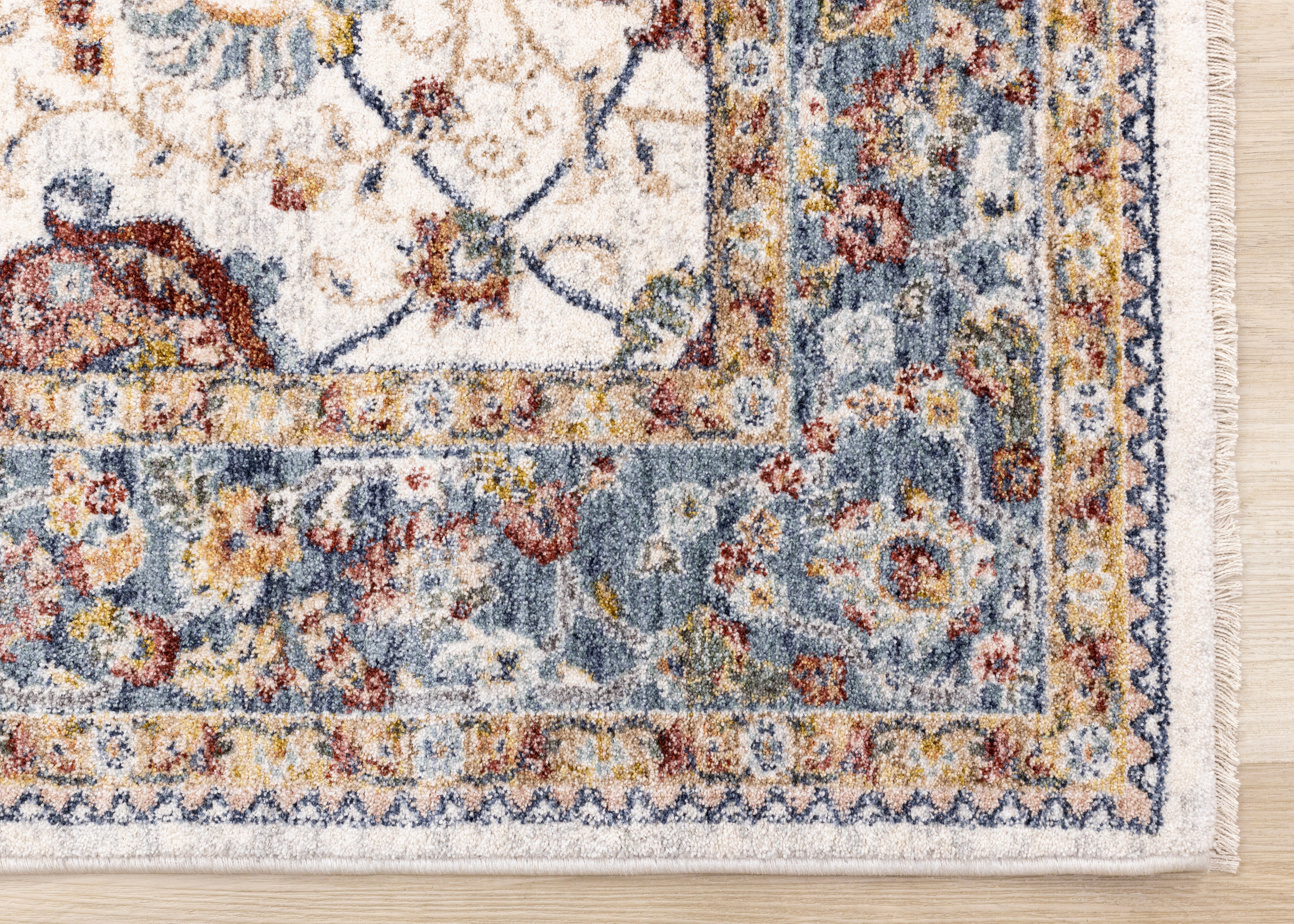 Marisa Cream Blue Traditional Border Floral Rug