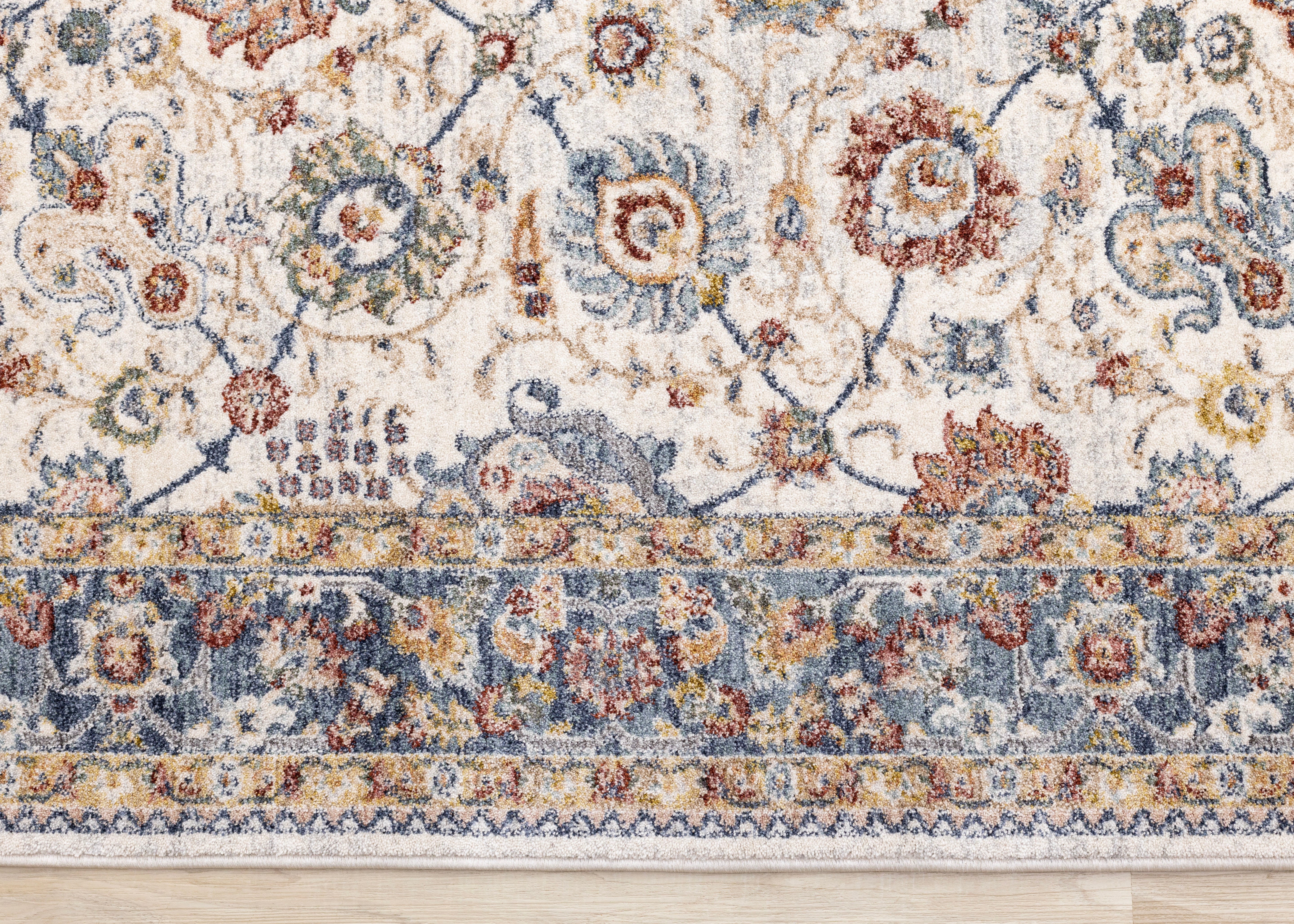 Marisa Cream Blue Traditional Border Floral Rug
