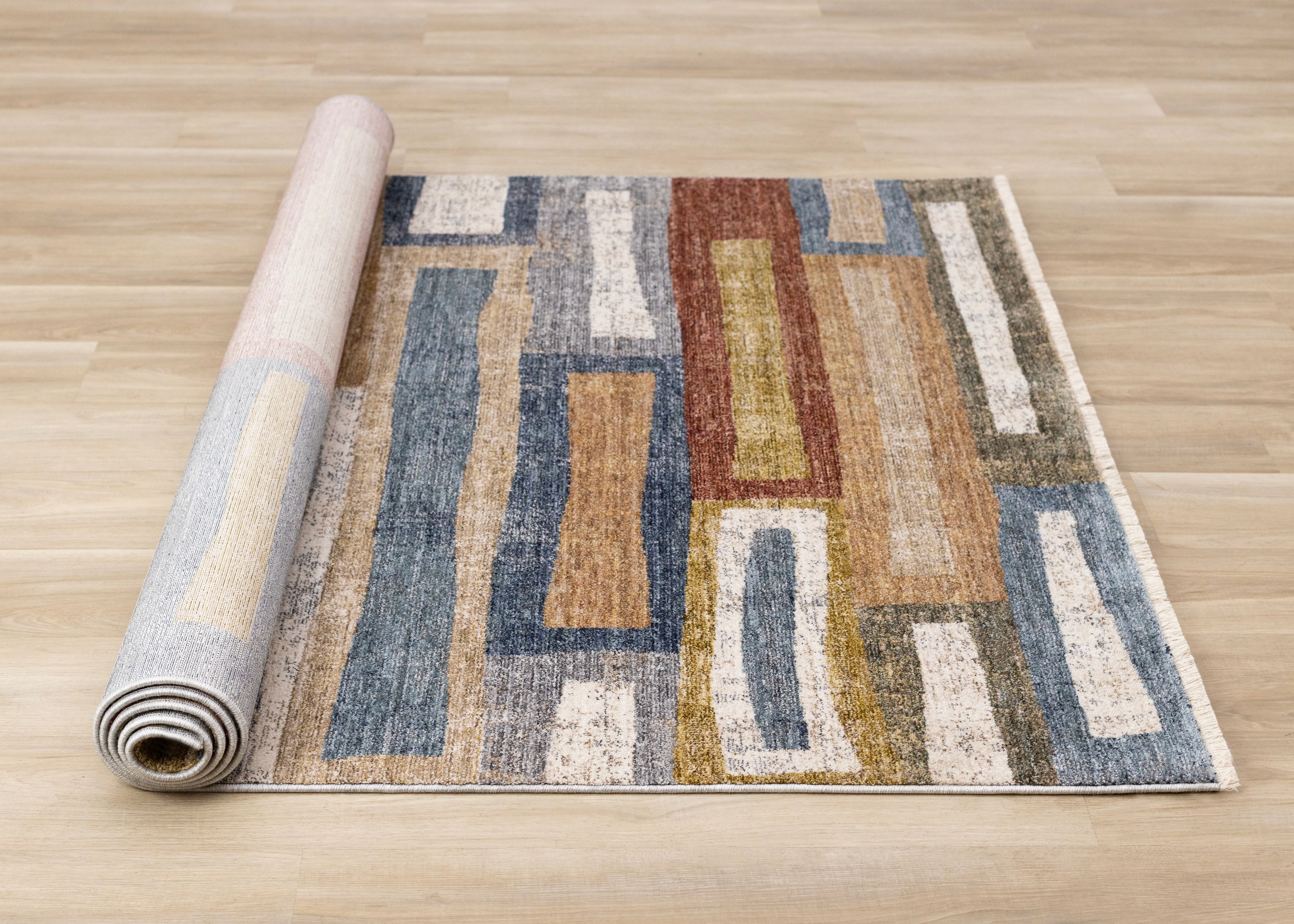 Muse Orange Red Blue Yellow Beige Layered Brick Design Rug