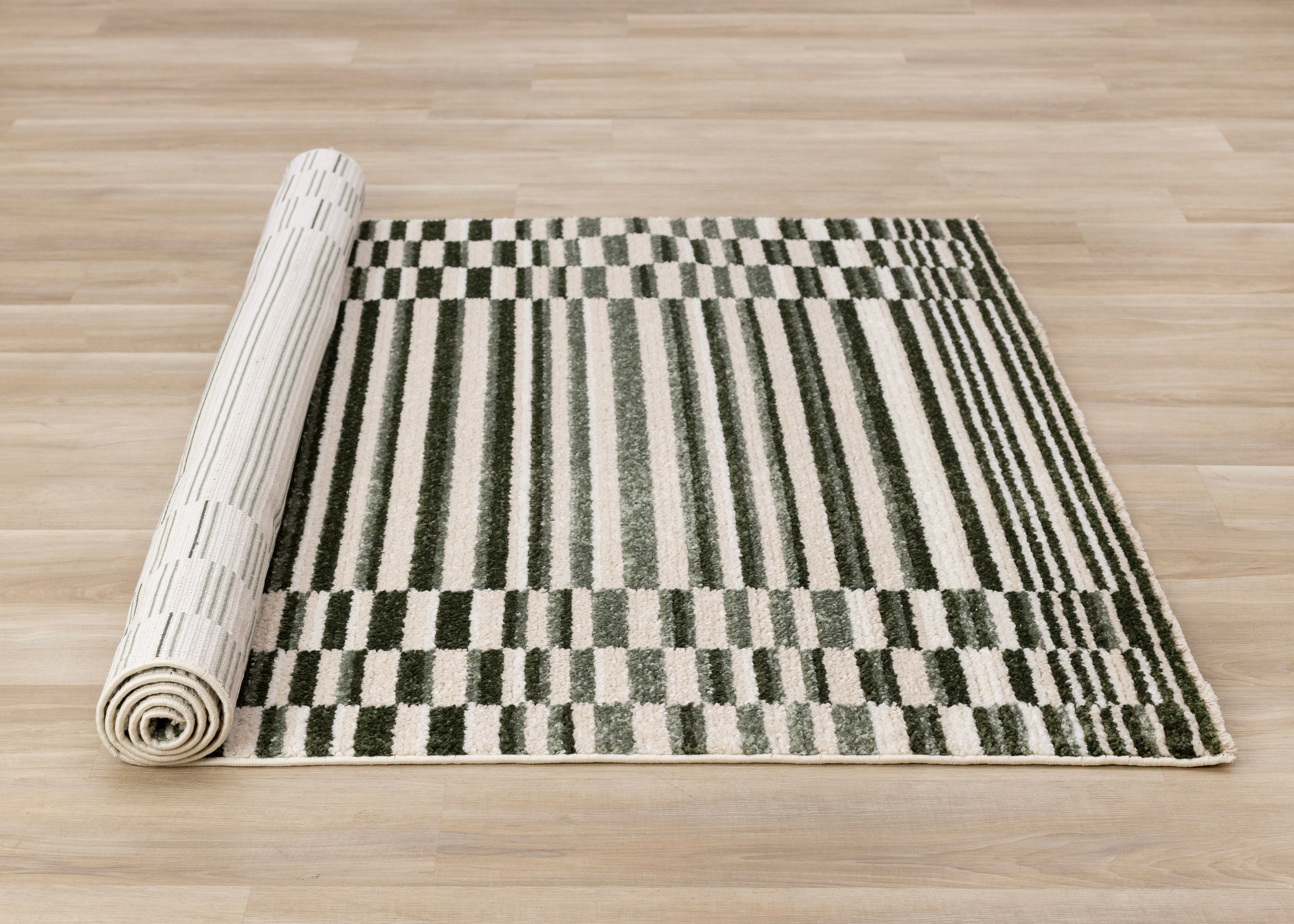 Nala Green Cream Striped Rows Pattern Rug