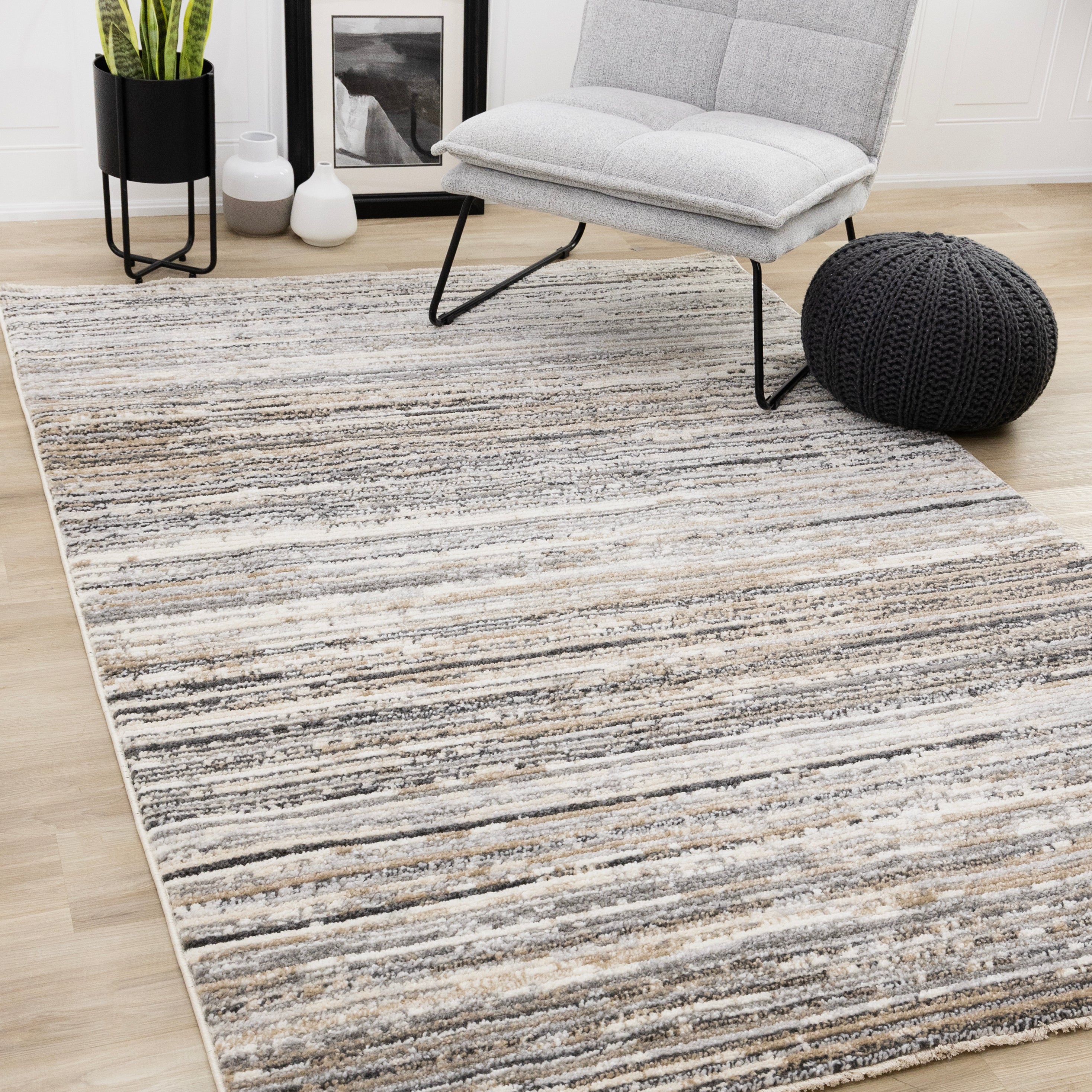 Nala Cream Grey Black Beige Distressed Lines Rug