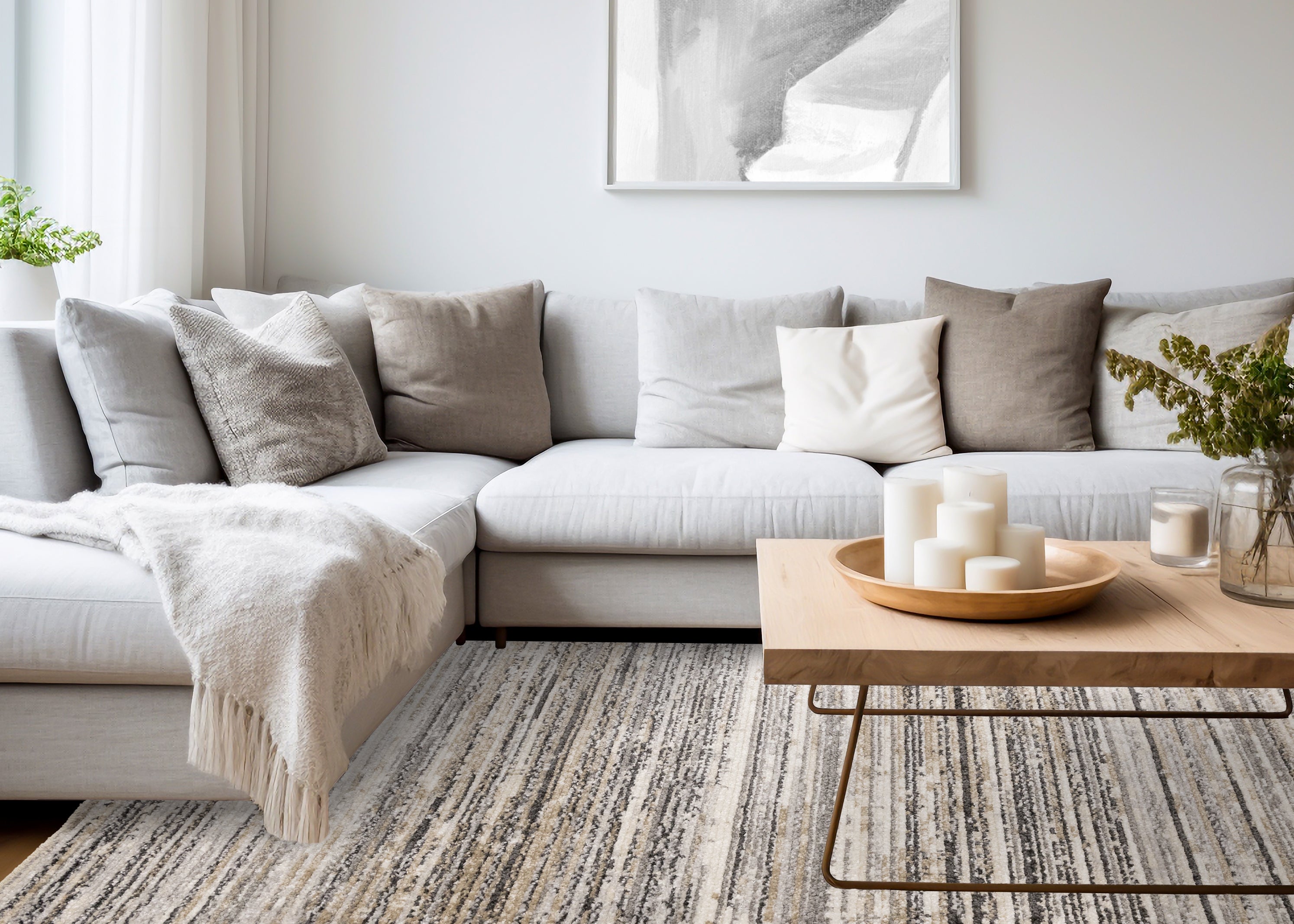 Nala Cream Grey Black Beige Distressed Lines Rug