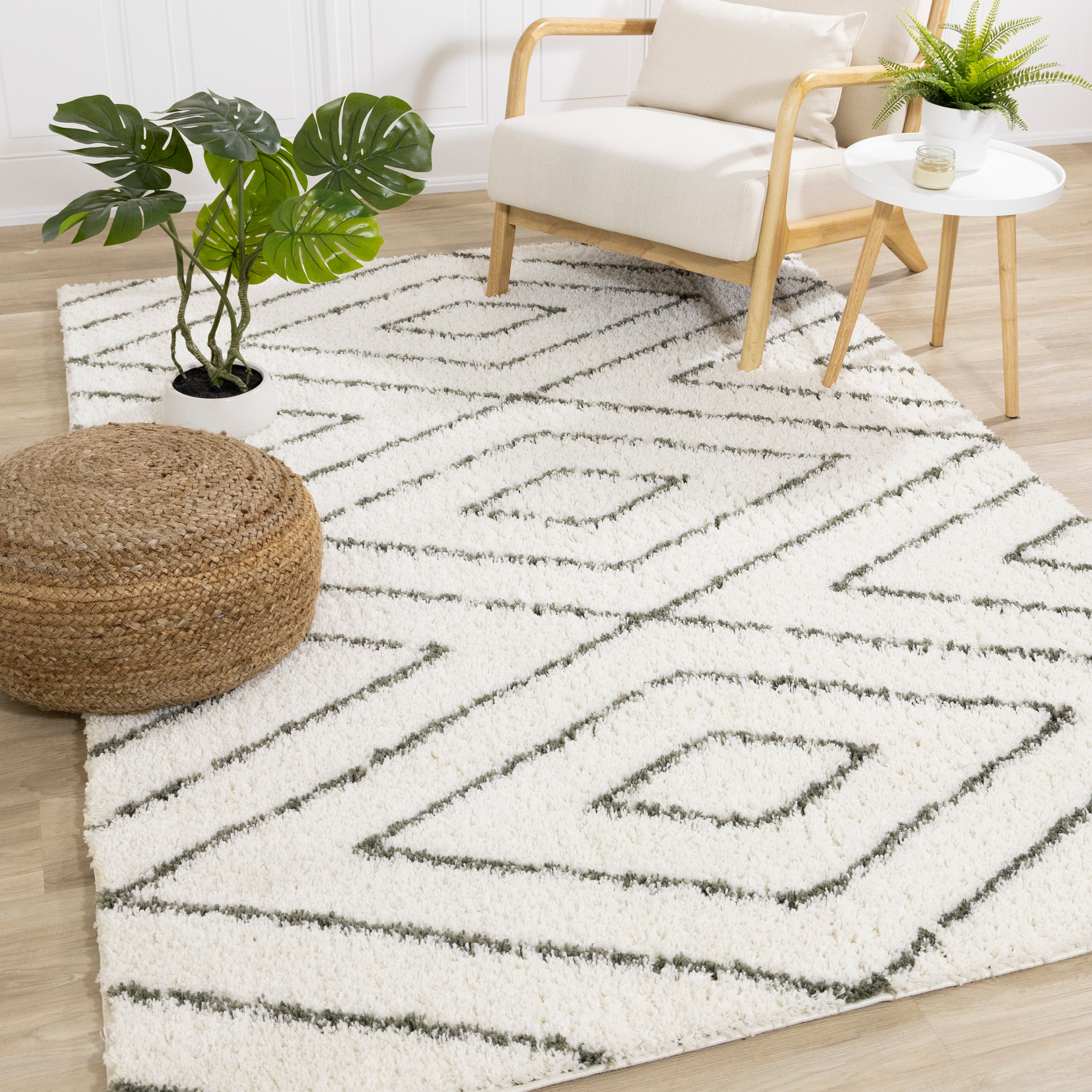 Pascal White Green Geometric Shag Rug