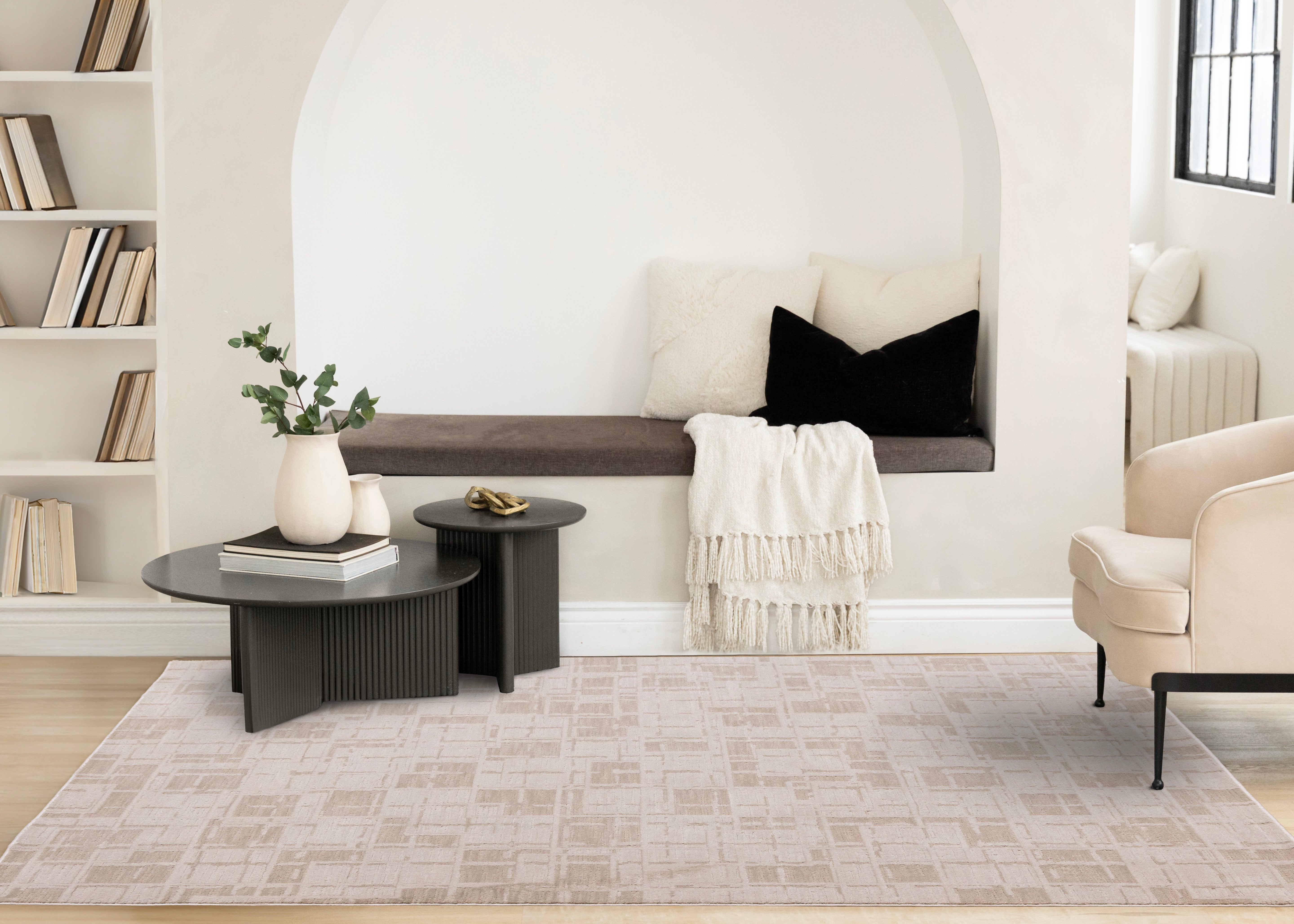 Sawyer Taupe White Distressed Grid Shapes Design