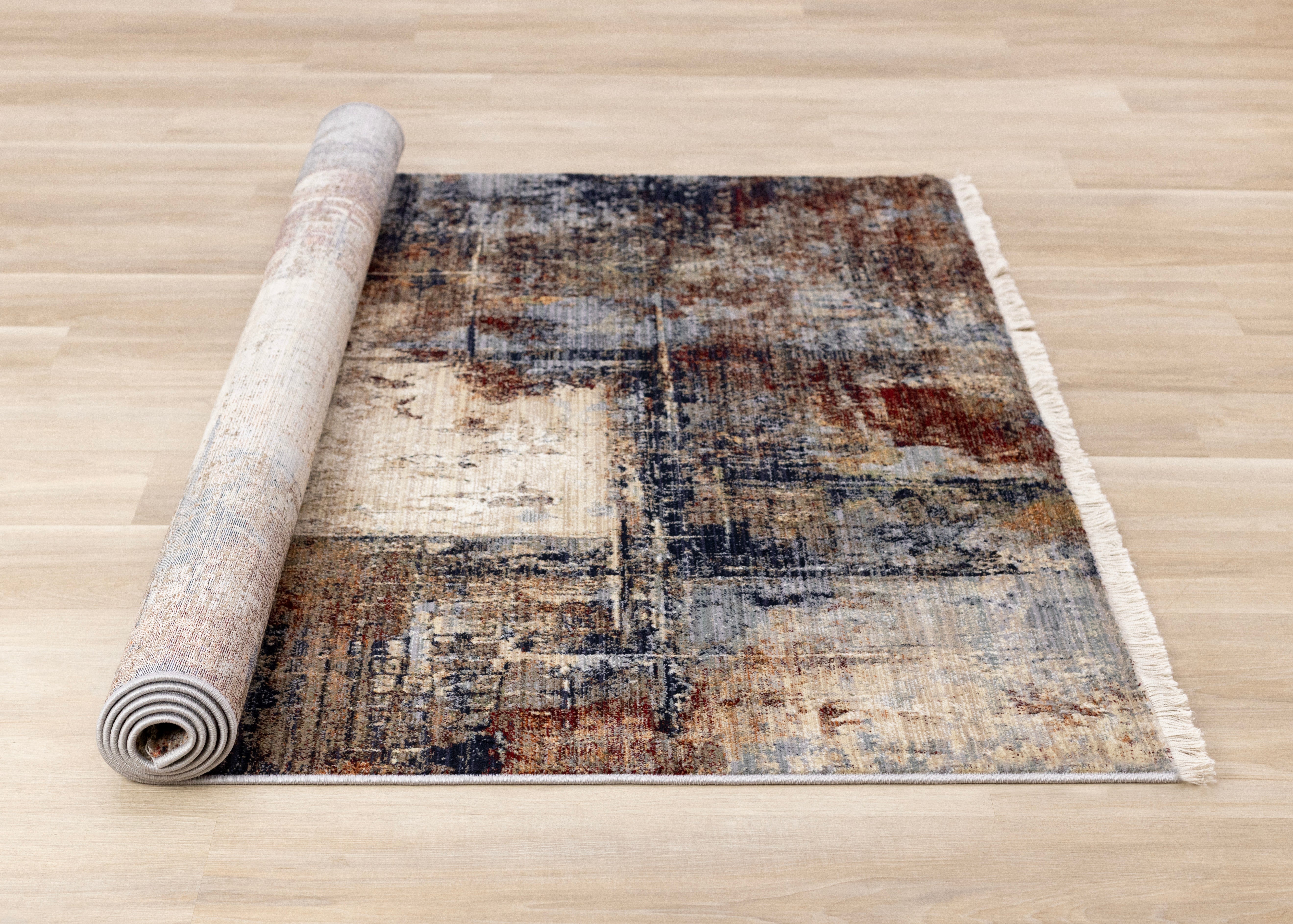 Serene Red Blue Beige Layered Distressed Rug