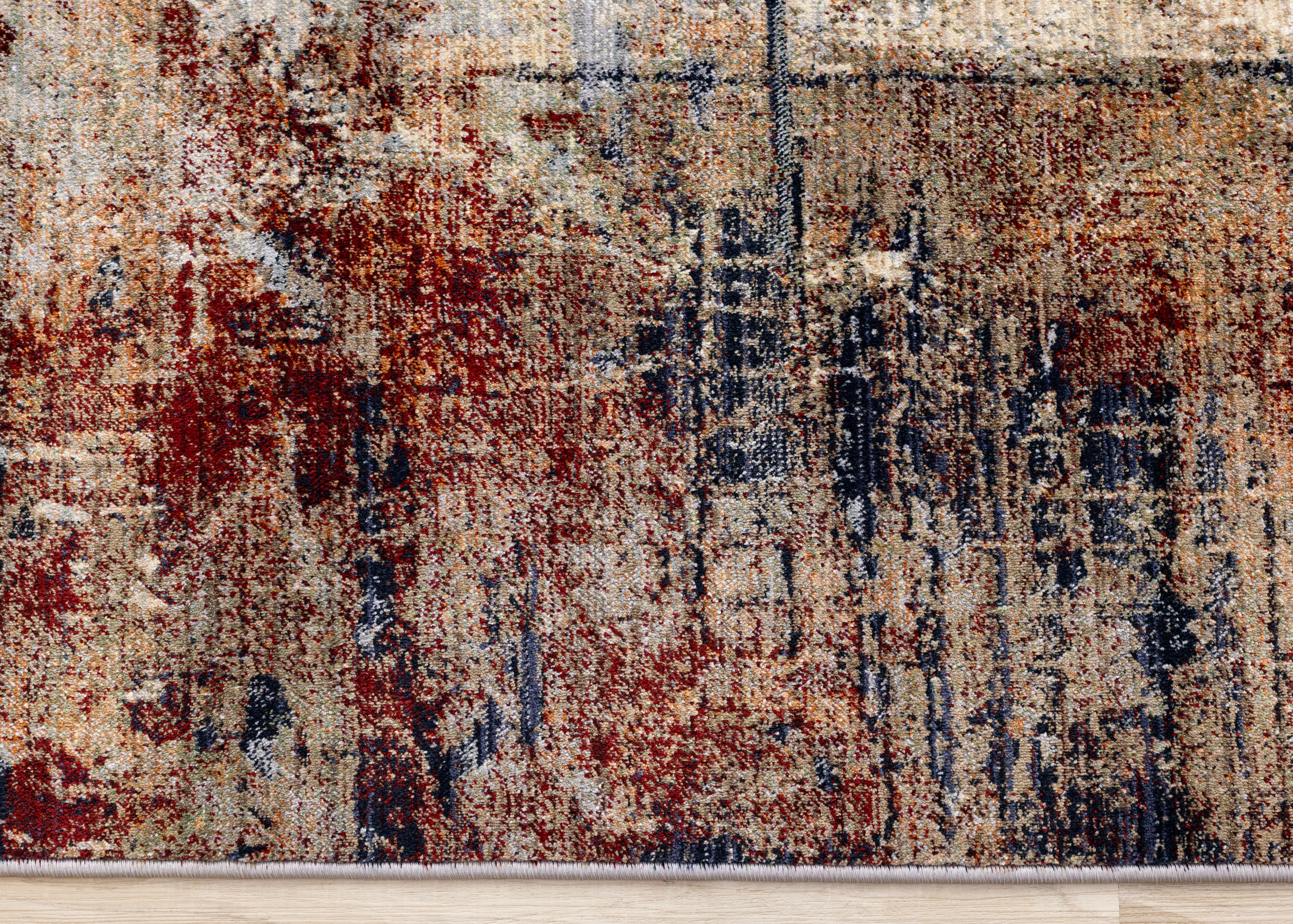 Serene Red Blue Beige Layered Distressed Rug