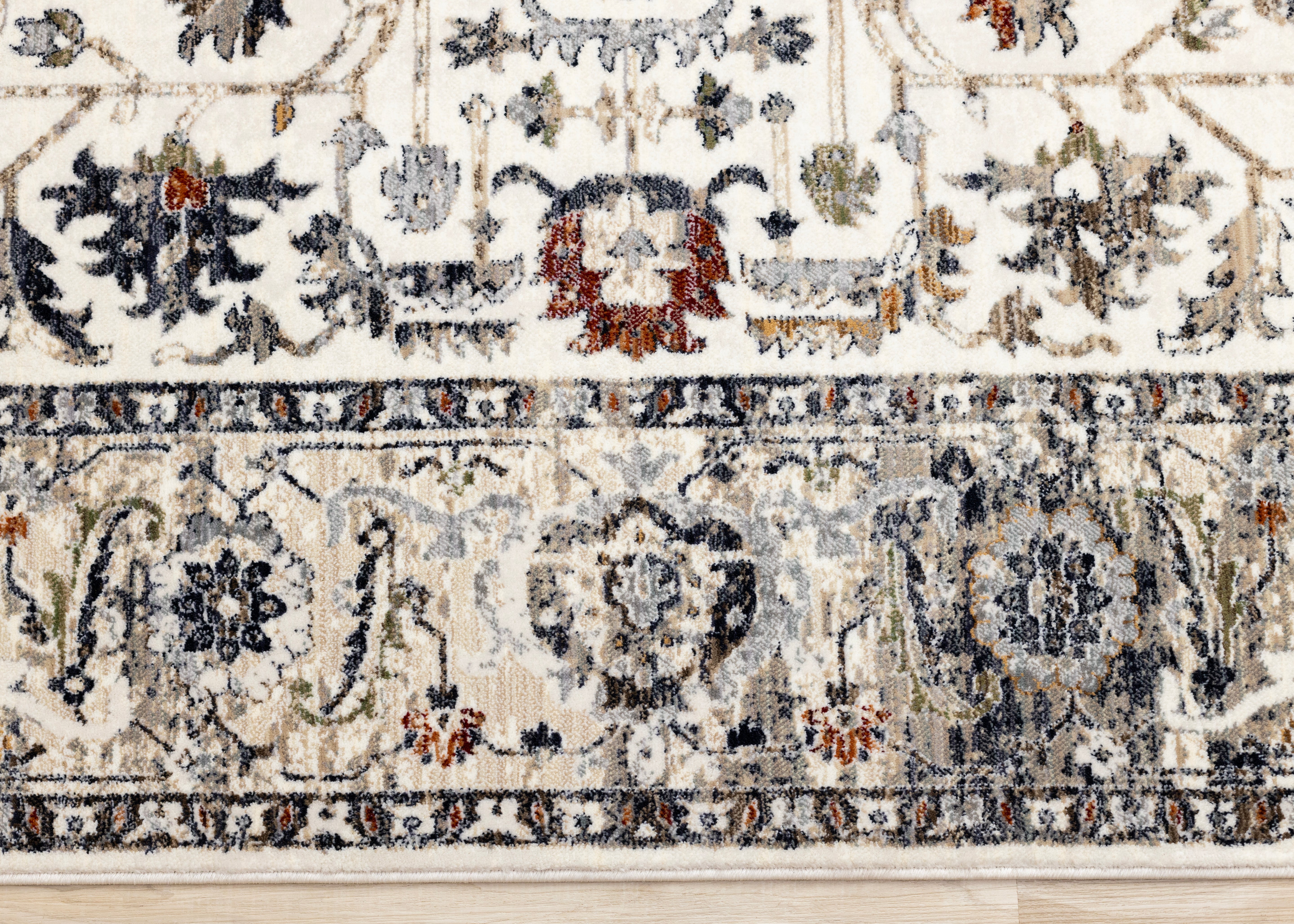 Serene Cream Blue Intricate Border Rug