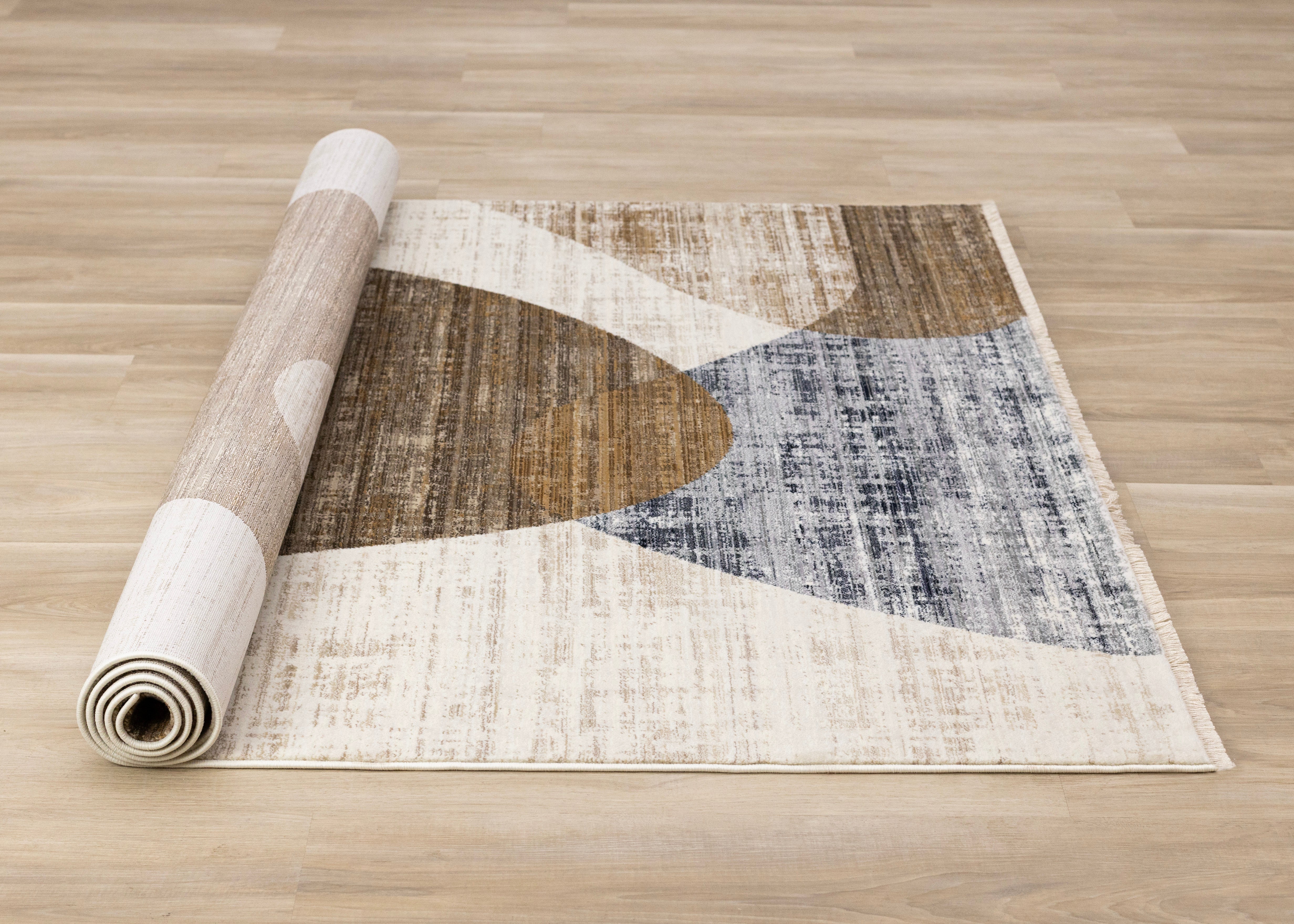 Serene Cream Brown Blue Distressed Curvy Shapes Design Rug