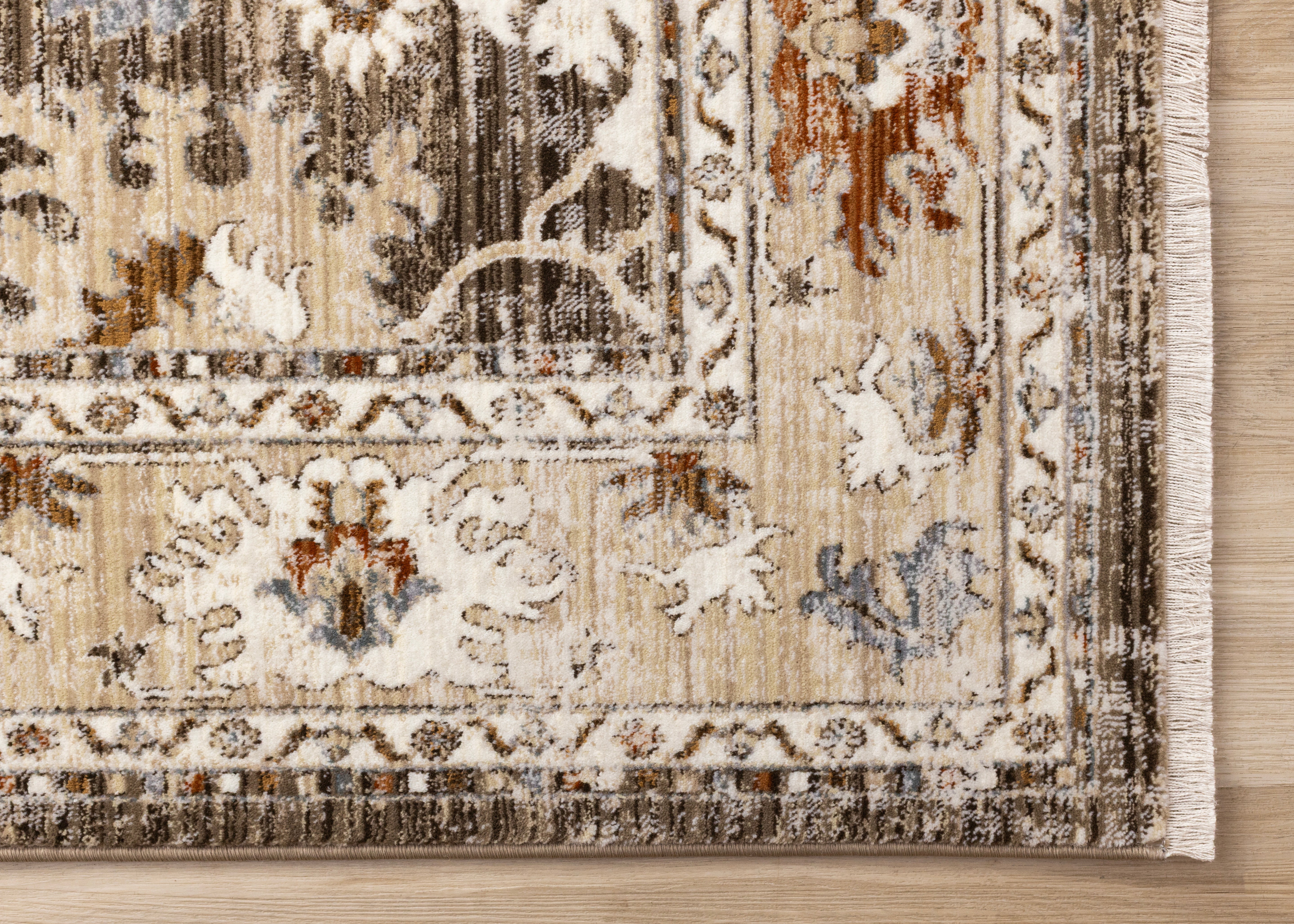 Serene Brown Orange Cream Grey Elegant Border Rug