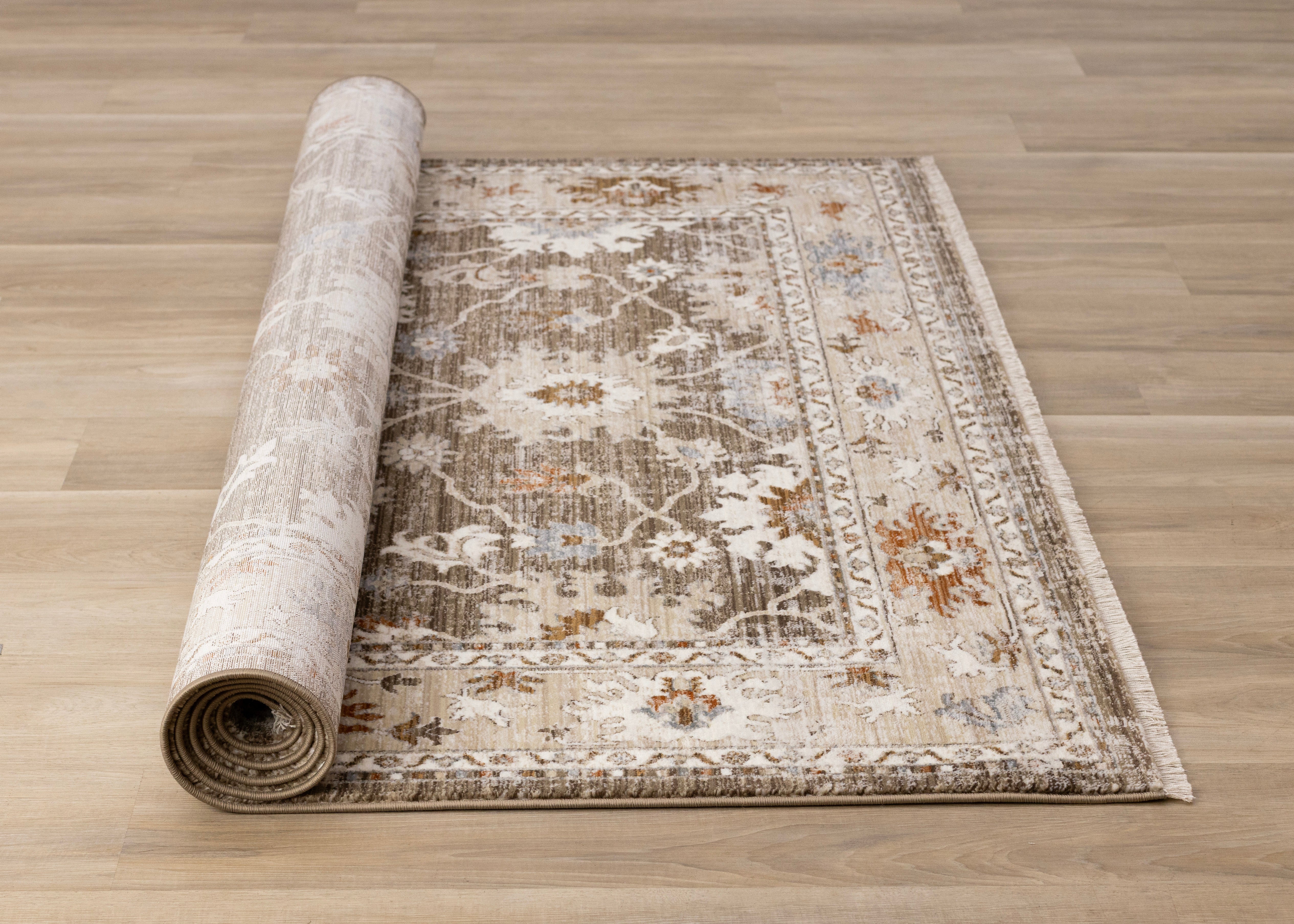 Serene Brown Orange Cream Grey Elegant Border Rug
