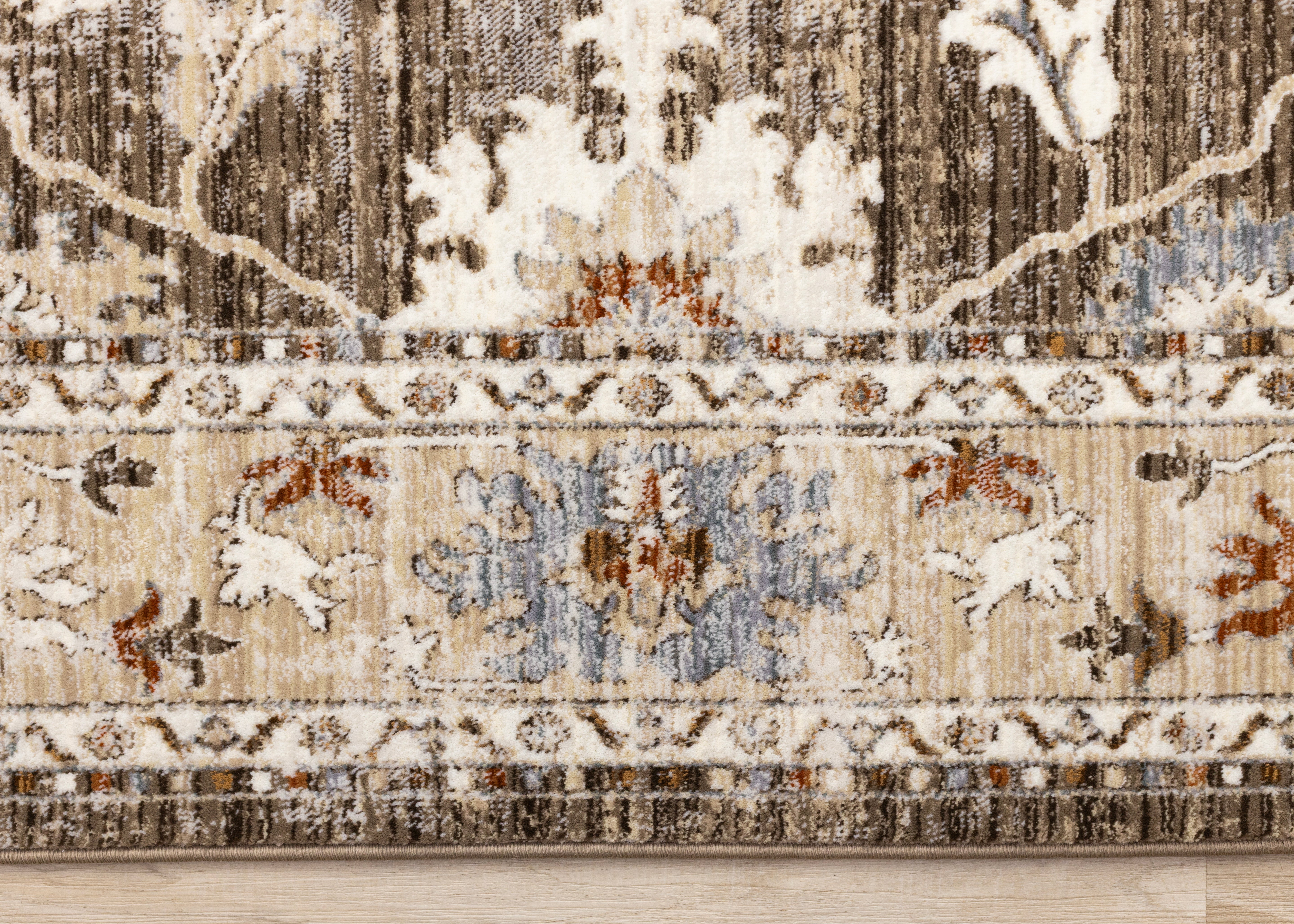 Serene Brown Orange Cream Grey Elegant Border Rug
