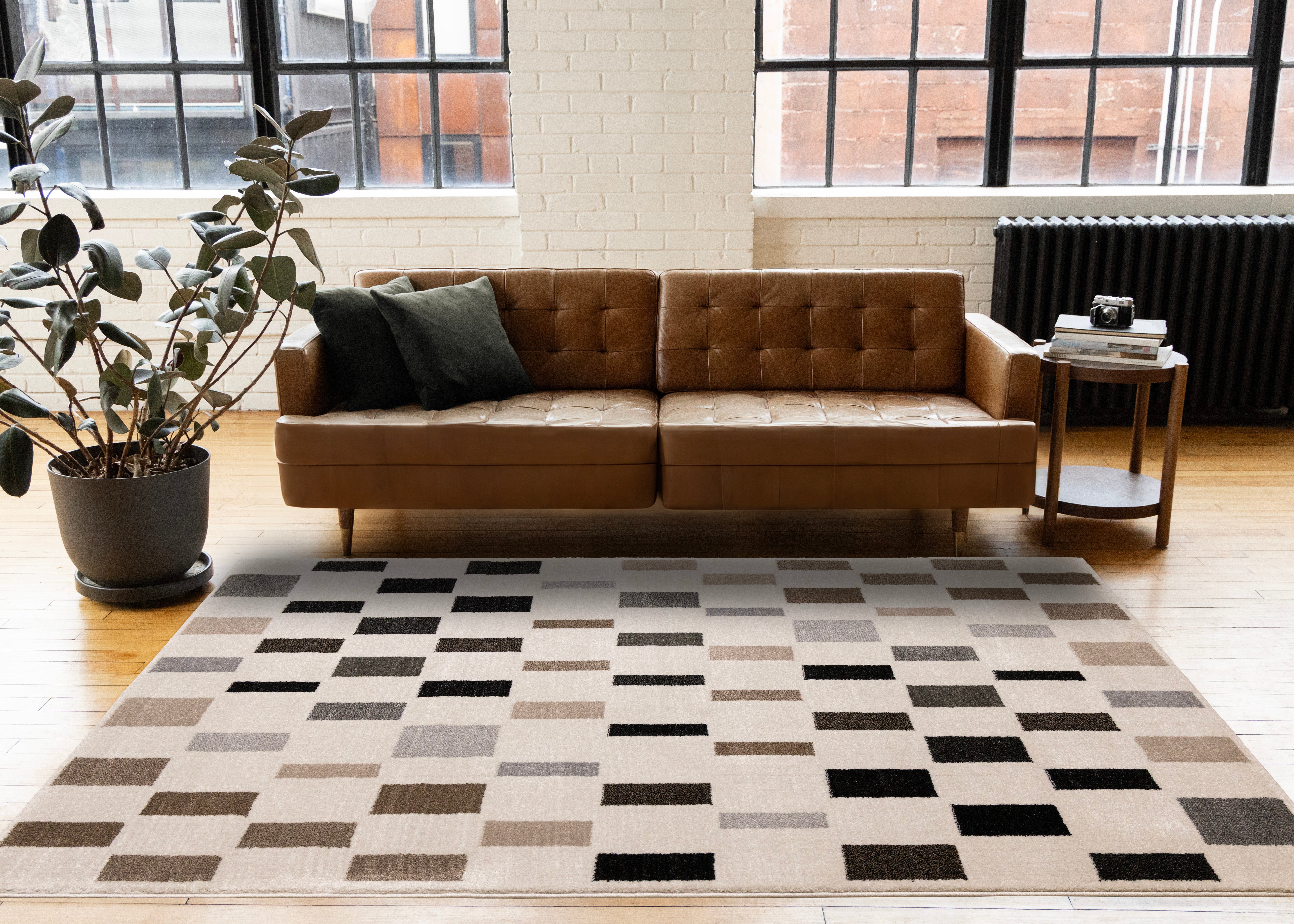 Shade Black Grey White Taupe Rectangle Rows Design Rug